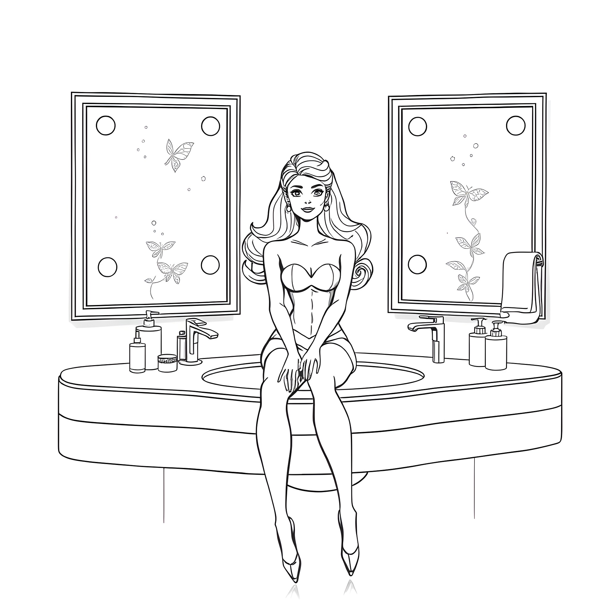 Barbie preparing for the day in front of the mirror Coloring Page (free black-and-white line drawing printable PDF for all, from beginners to advanced learners, including children, teens, adults, and seniors)
