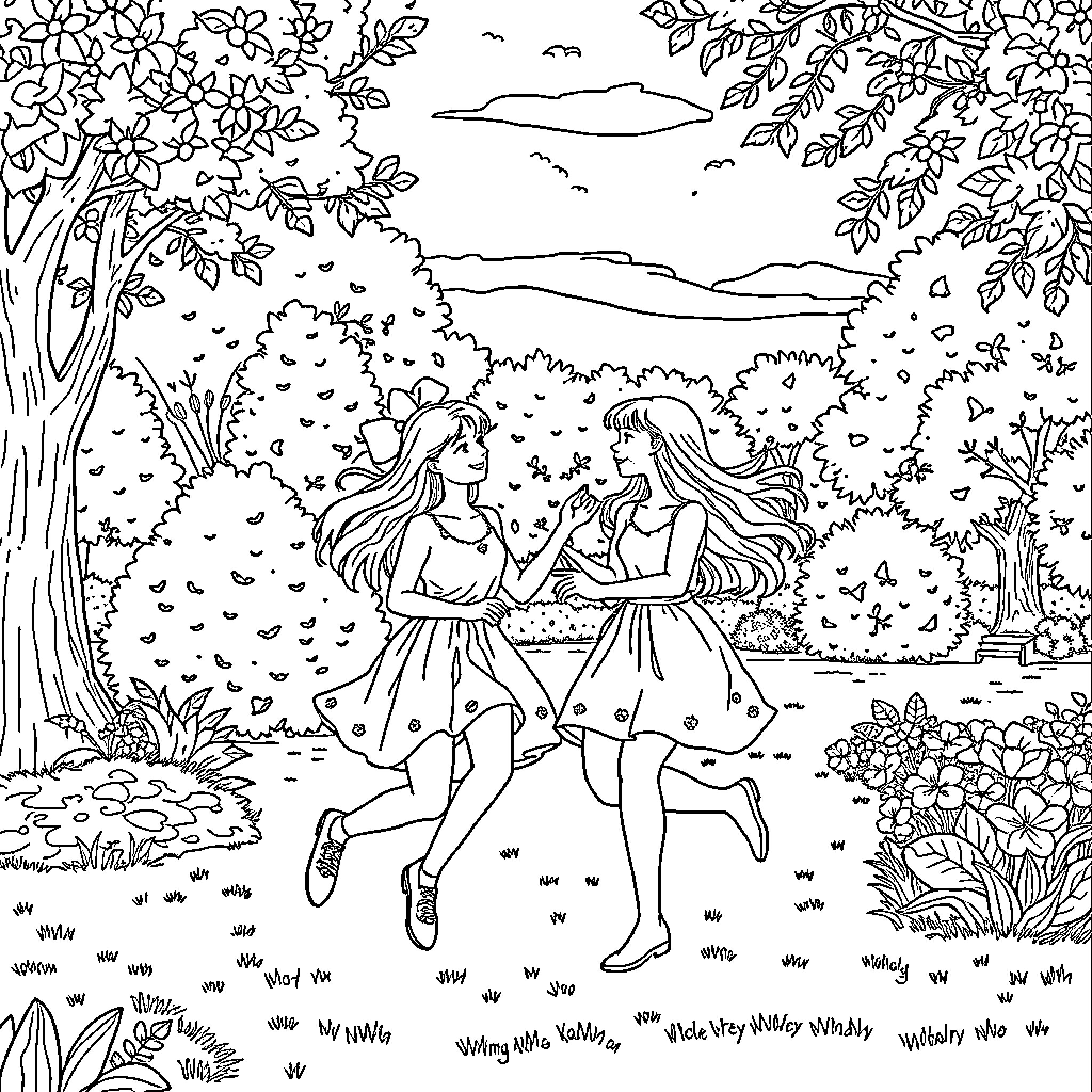 Friends dancing joyfully in magical forest Coloring Page (free black-and-white line drawing printable PDF for all, from beginners to advanced learners, including children, teens, adults, and seniors)
