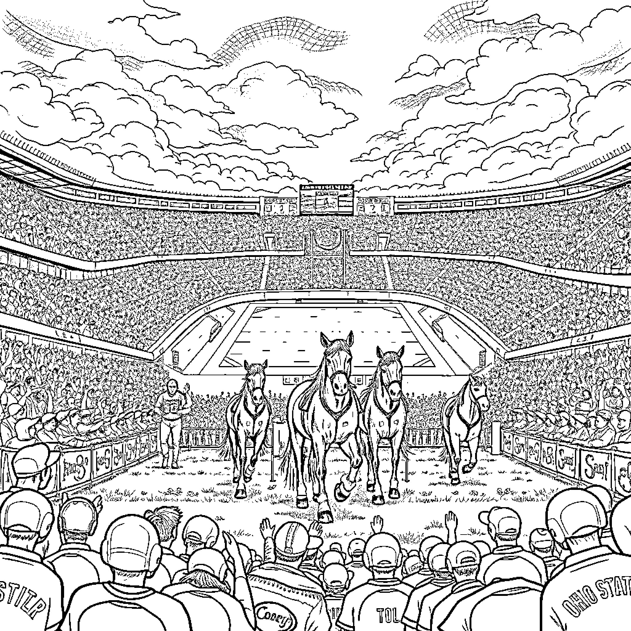 Horse racing event in a grand stadium Coloring Page (free black-and-white line drawing printable PDF for all, from beginners to advanced learners, including children, teens, adults, and seniors)