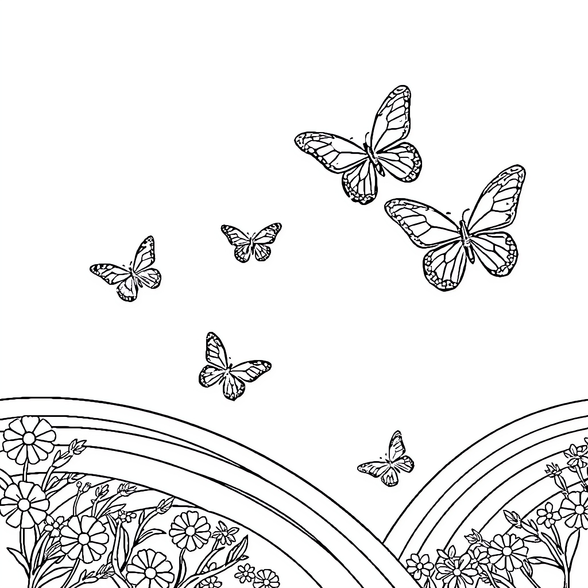 Butterfly Flock in Floral Garden Coloring Page (free black-and-white line drawing printable PDF for all, from beginners to advanced learners, including children, teens, adults, and seniors)