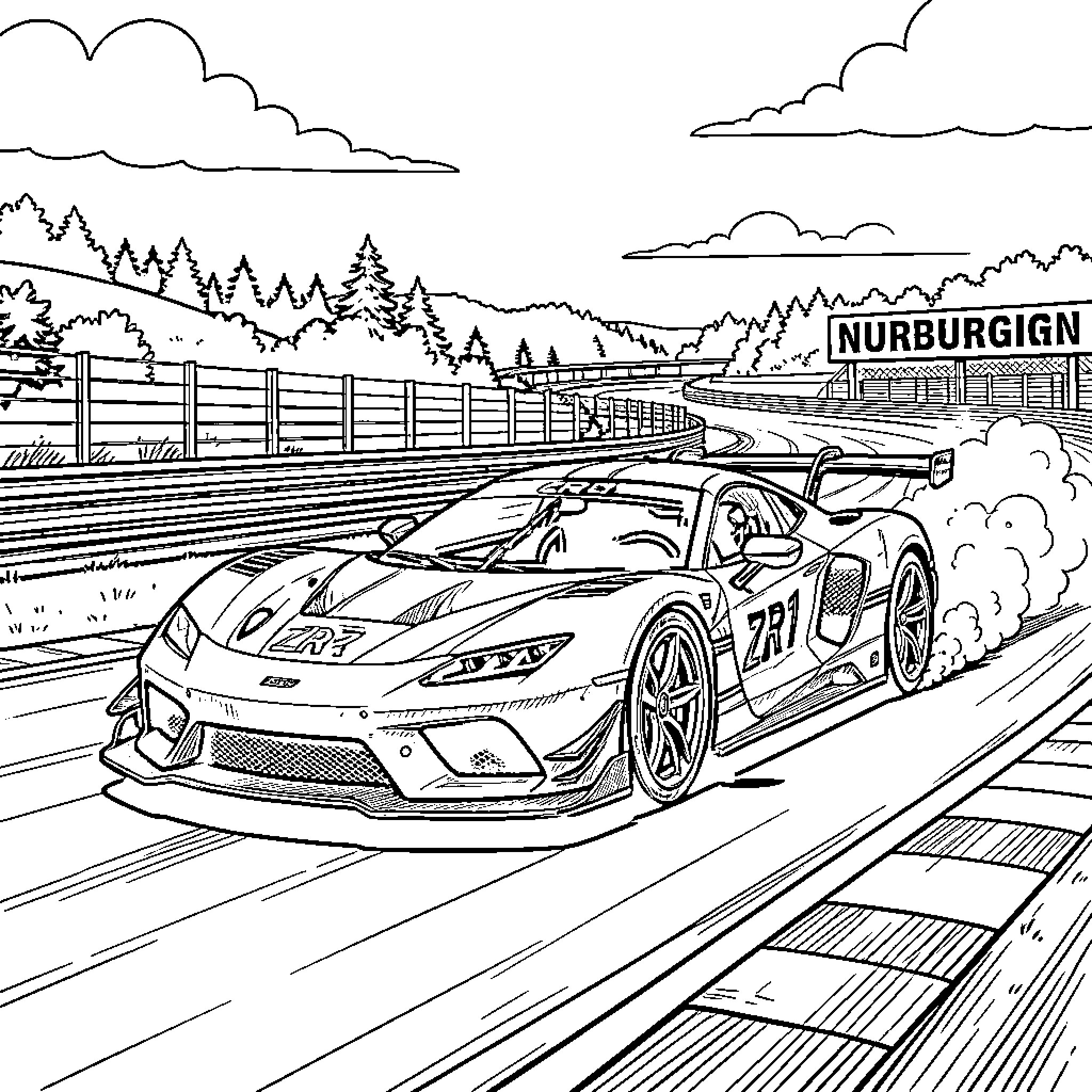 Corvette racing fast on a professional track Coloring Page (free black-and-white line drawing printable PDF for all, from beginners to advanced learners, including children, teens, adults, and seniors)