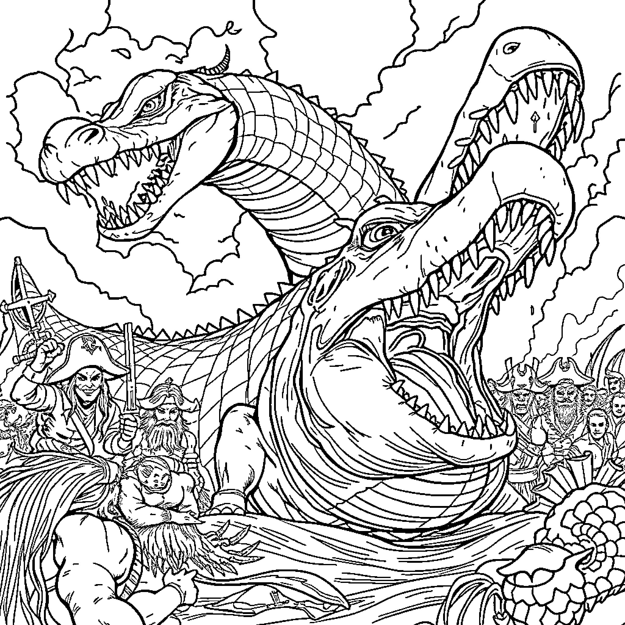Titanboa battling warriors in an epic fantasy scene Coloring Page (free black-and-white line drawing printable PDF for all, from beginners to advanced learners, including children, teens, adults, and seniors)