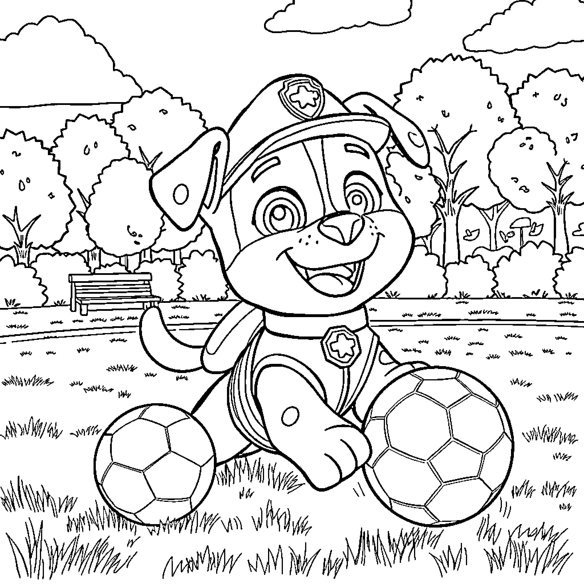 Rubble playing with soccer balls in the park Coloring Page (free black-and-white line drawing printable PDF for all, from beginners to advanced learners, including children, teens, adults, and seniors)