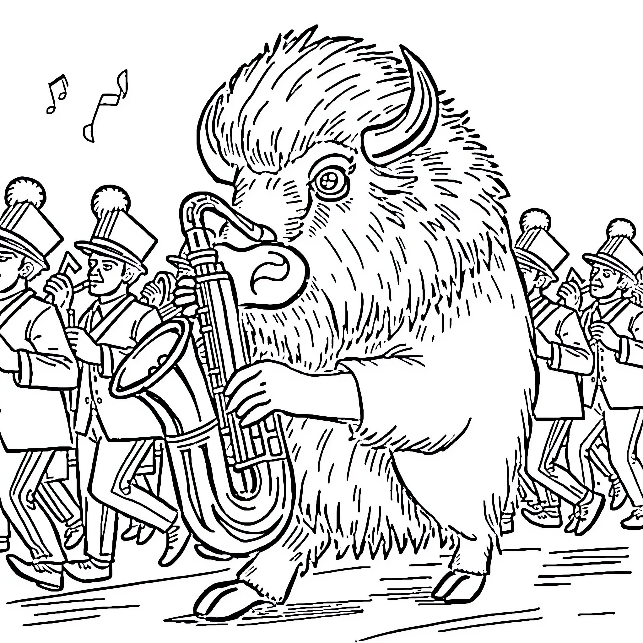 Bison marching with a brass band Coloring Page (free black-and-white line drawing printable PDF for all, from beginners to advanced learners, including children, teens, adults, and seniors)