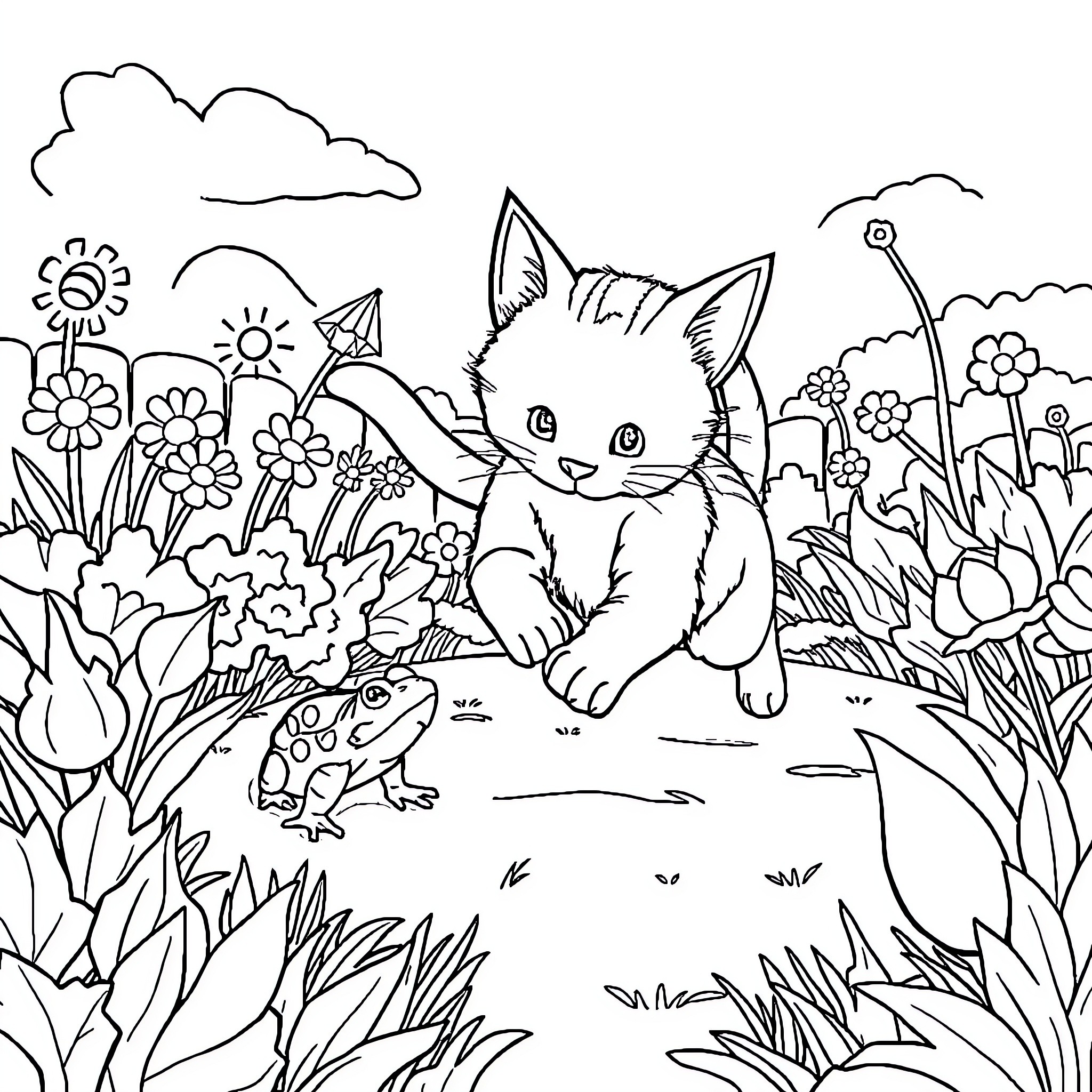 Cat exploring a floral garden Coloring Page (free black-and-white line drawing printable PDF for all, from beginners to advanced learners, including children, teens, adults, and seniors)