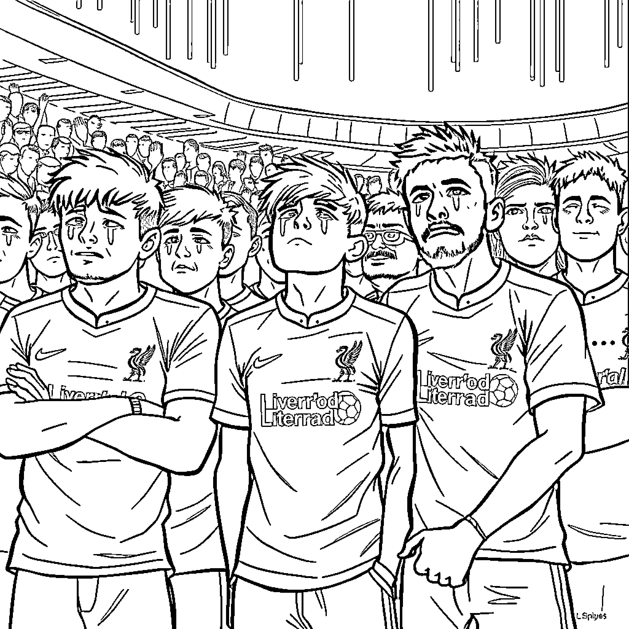 Supporter group cheering on their team Coloring Page (free black-and-white line drawing printable PDF for all, from beginners to advanced learners, including children, teens, adults, and seniors)