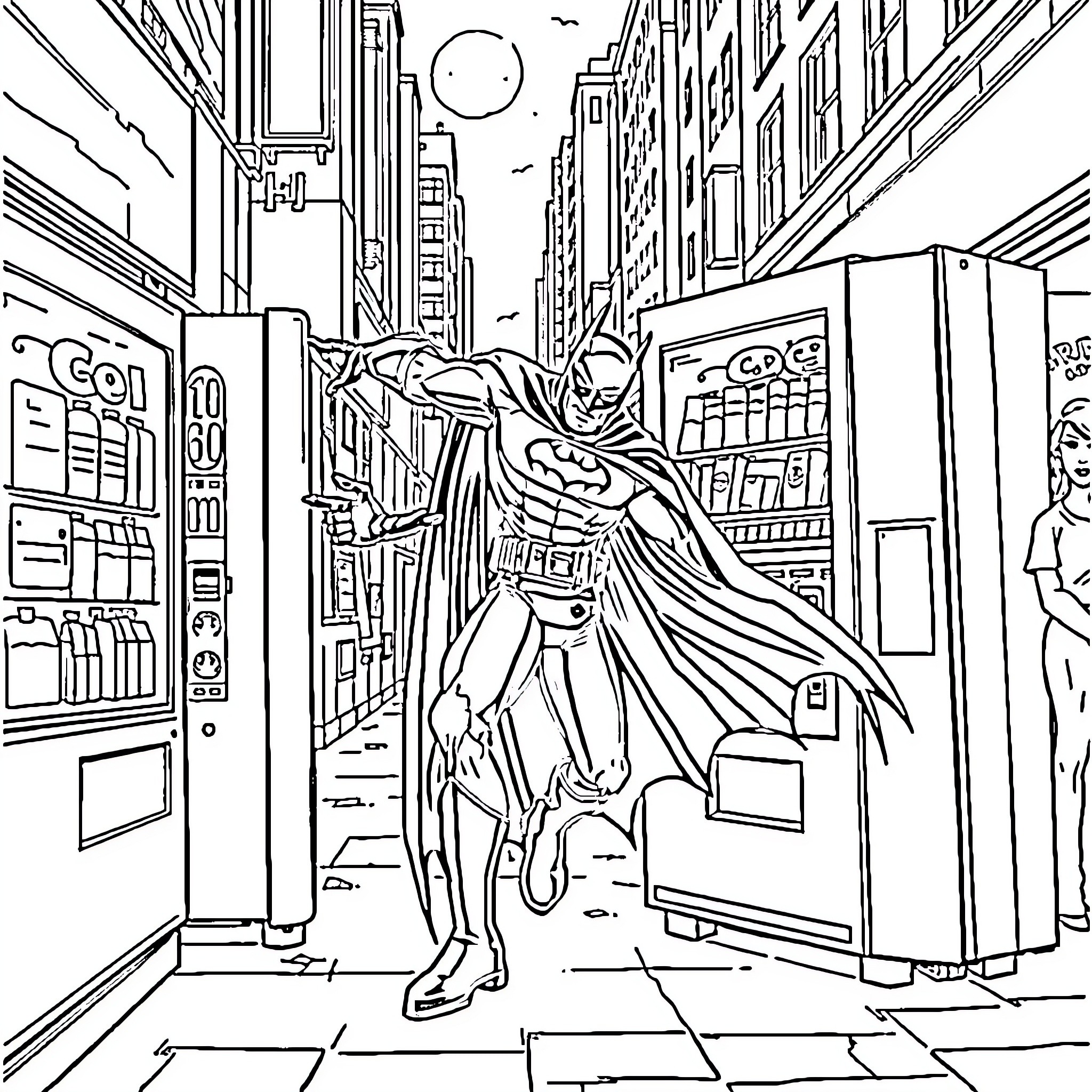 Batman's Night Patrol in the City Streets Coloring Page (free black-and-white line drawing printable PDF for all, from beginners to advanced learners, including children, teens, adults, and seniors)