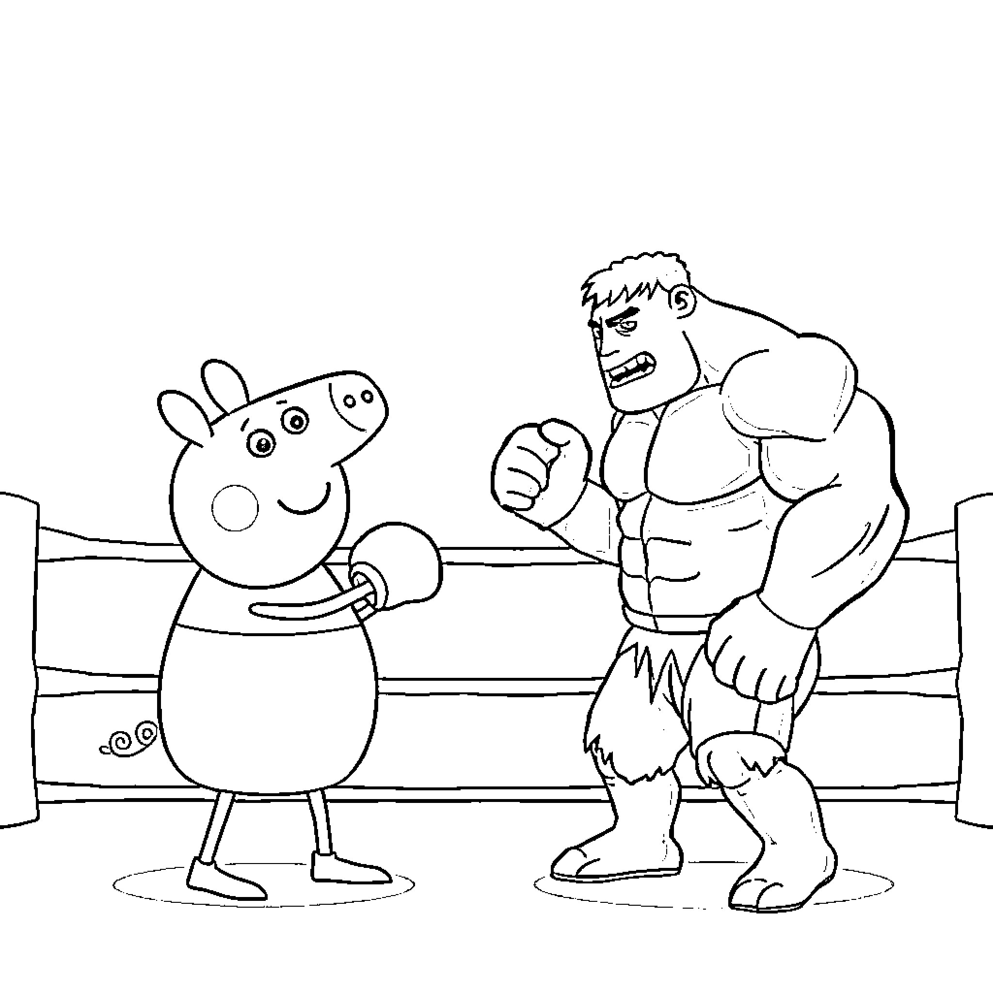 Hulk Confronting Peppa Pig in Wrestling Ring Coloring Page (free black-and-white line drawing printable PDF for all, from beginners to advanced learners, including children, teens, adults, and seniors)