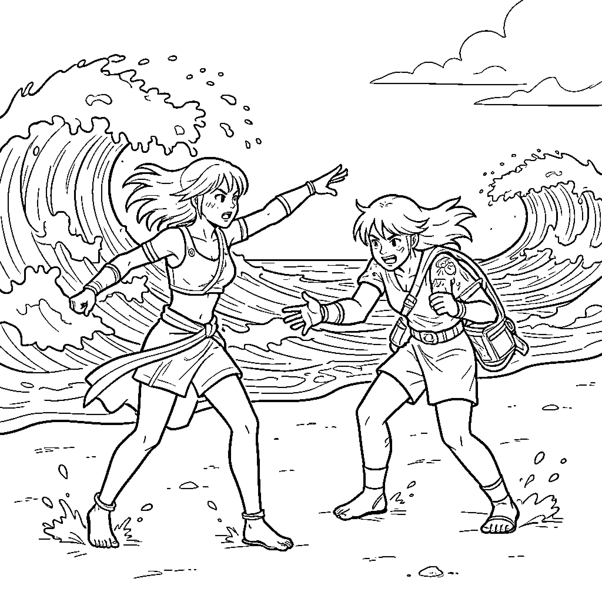 Nami and friend running away from large ocean waves Coloring Page (free black-and-white line drawing printable PDF for all, from beginners to advanced learners, including children, teens, adults, and seniors)