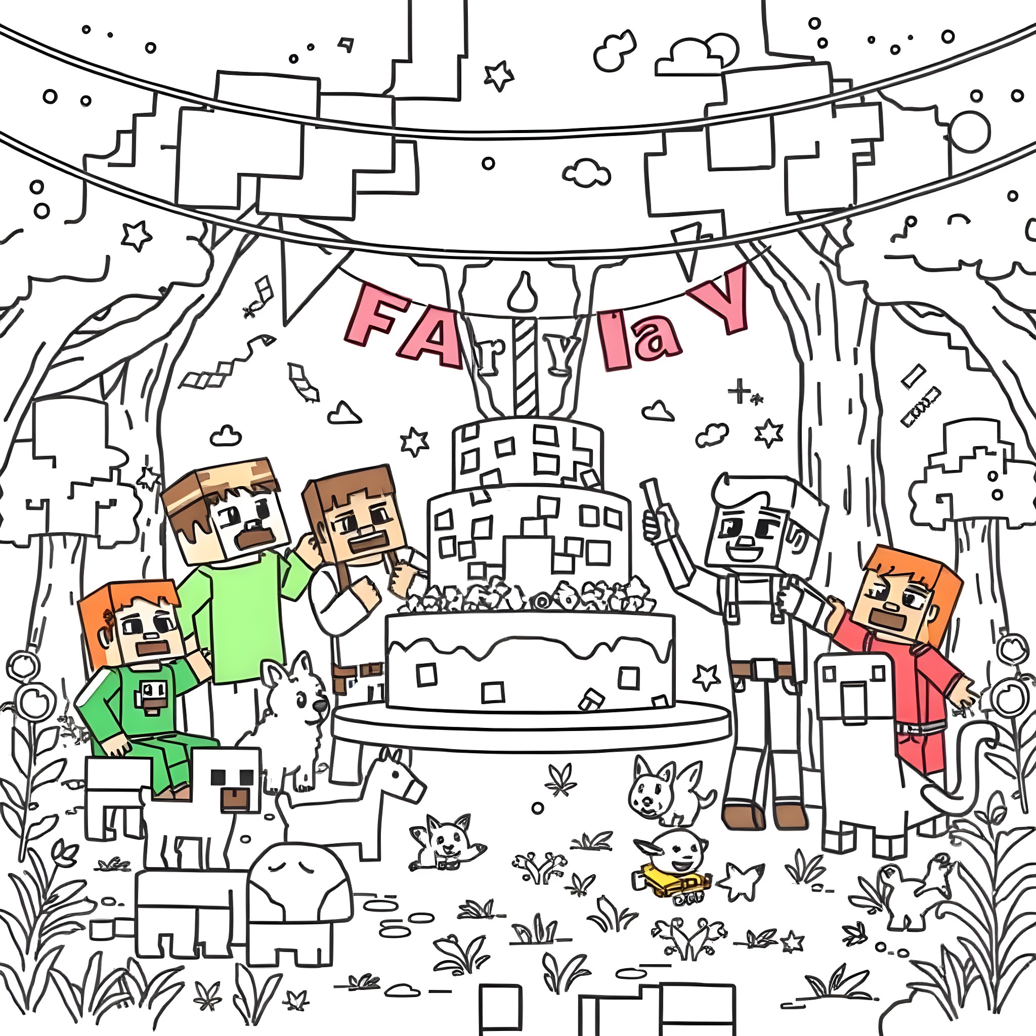 Minecraft characters celebrating a festive event Coloring Page (free black-and-white line drawing printable PDF for all, from beginners to advanced learners, including children, teens, adults, and seniors)