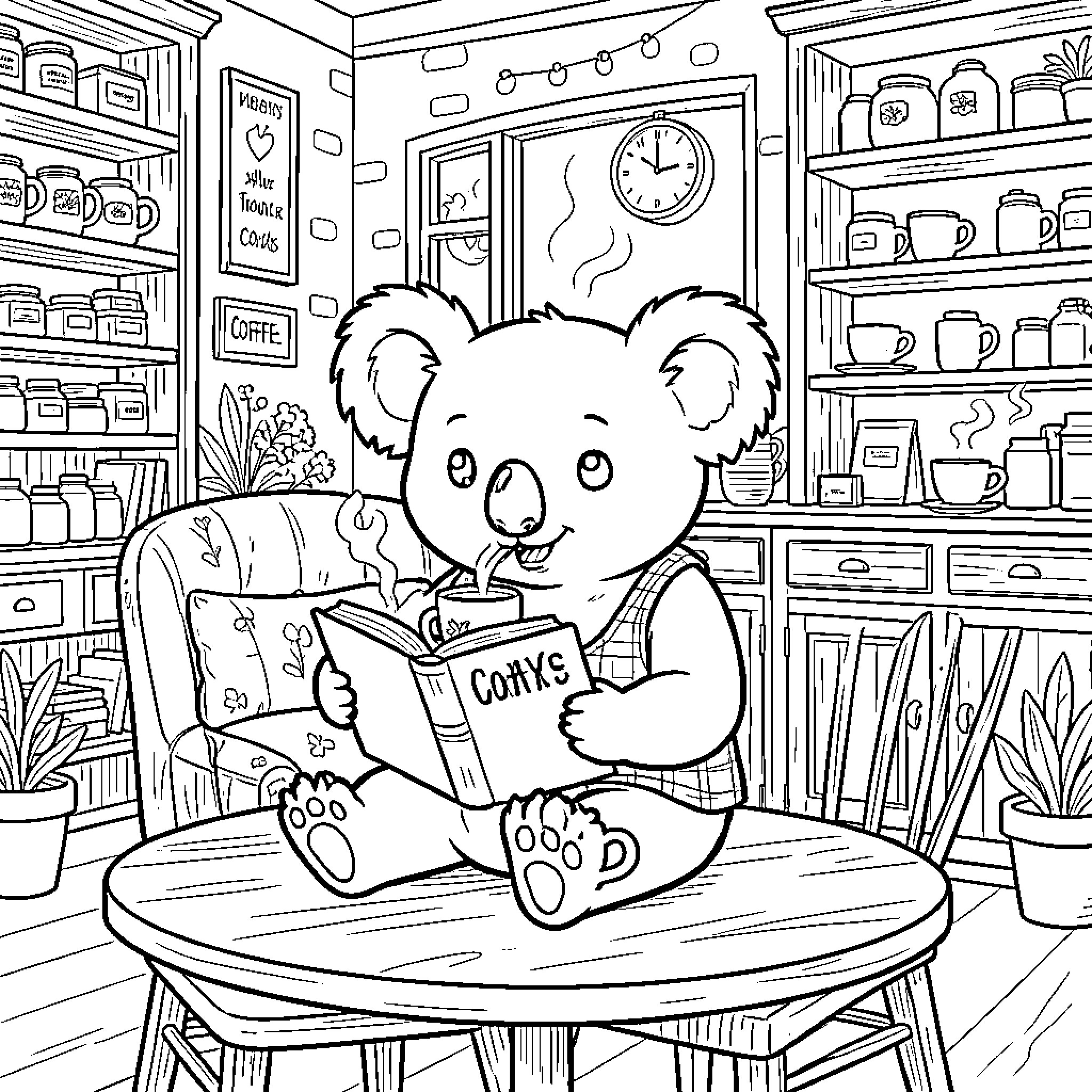 Koala reading a book in a cozy cafe Coloring Page (free black-and-white line drawing printable PDF for all, from beginners to advanced learners, including children, teens, adults, and seniors)