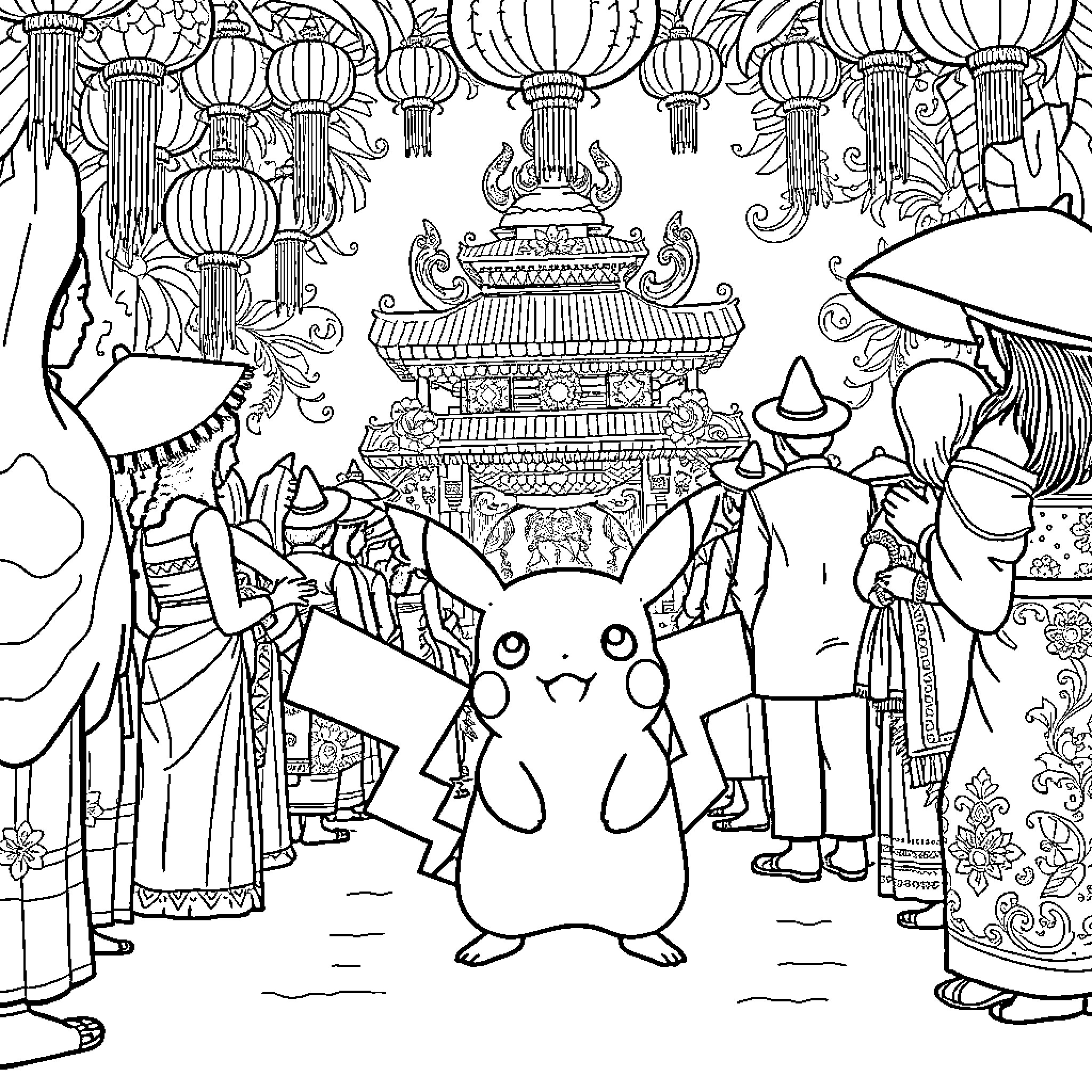 Pikachu in a Vibrant Lantern-Filled Marketplace Coloring Page (free black-and-white line drawing printable PDF for all, from beginners to advanced learners, including children, teens, adults, and seniors)