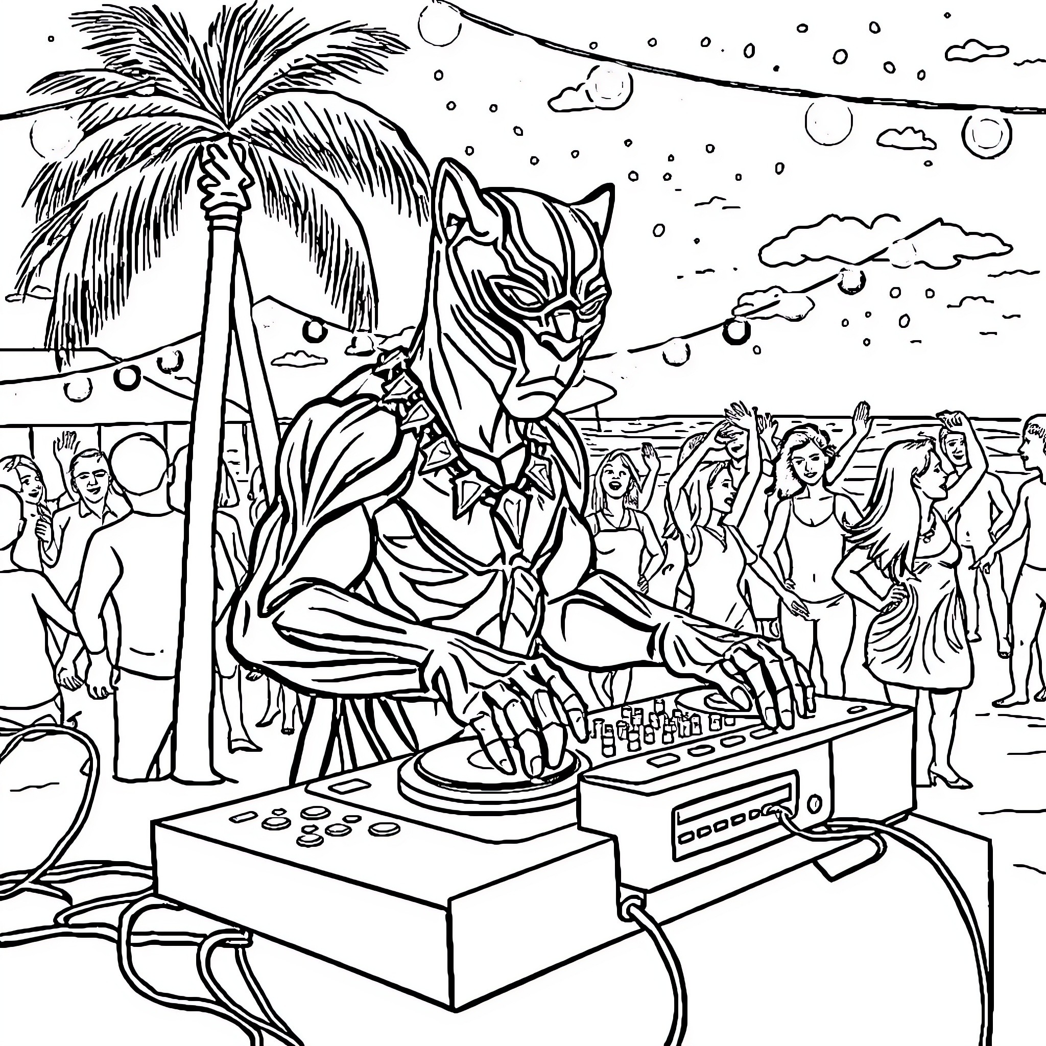 Black Panther performing at a tropical beach party Coloring Page (free black-and-white line drawing printable PDF for all, from beginners to advanced learners, including children, teens, adults, and seniors)