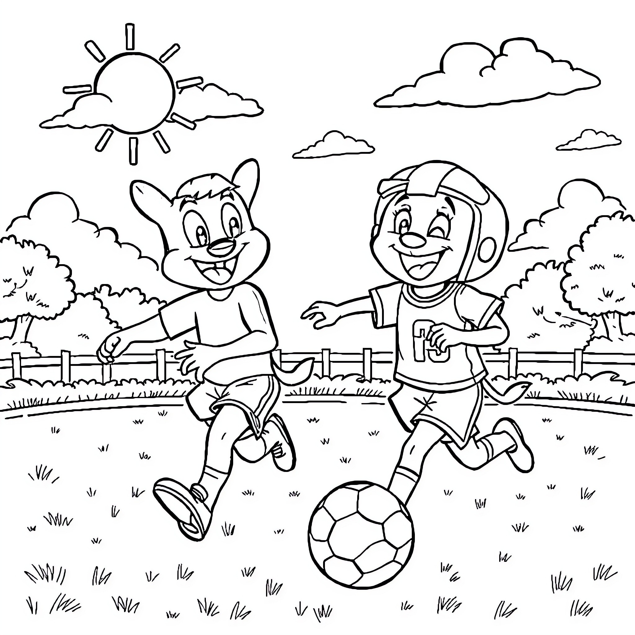 Bluey and friends playing soccer in the park Coloring Page (free black-and-white line drawing printable PDF for all, from beginners to advanced learners, including children, teens, adults, and seniors)