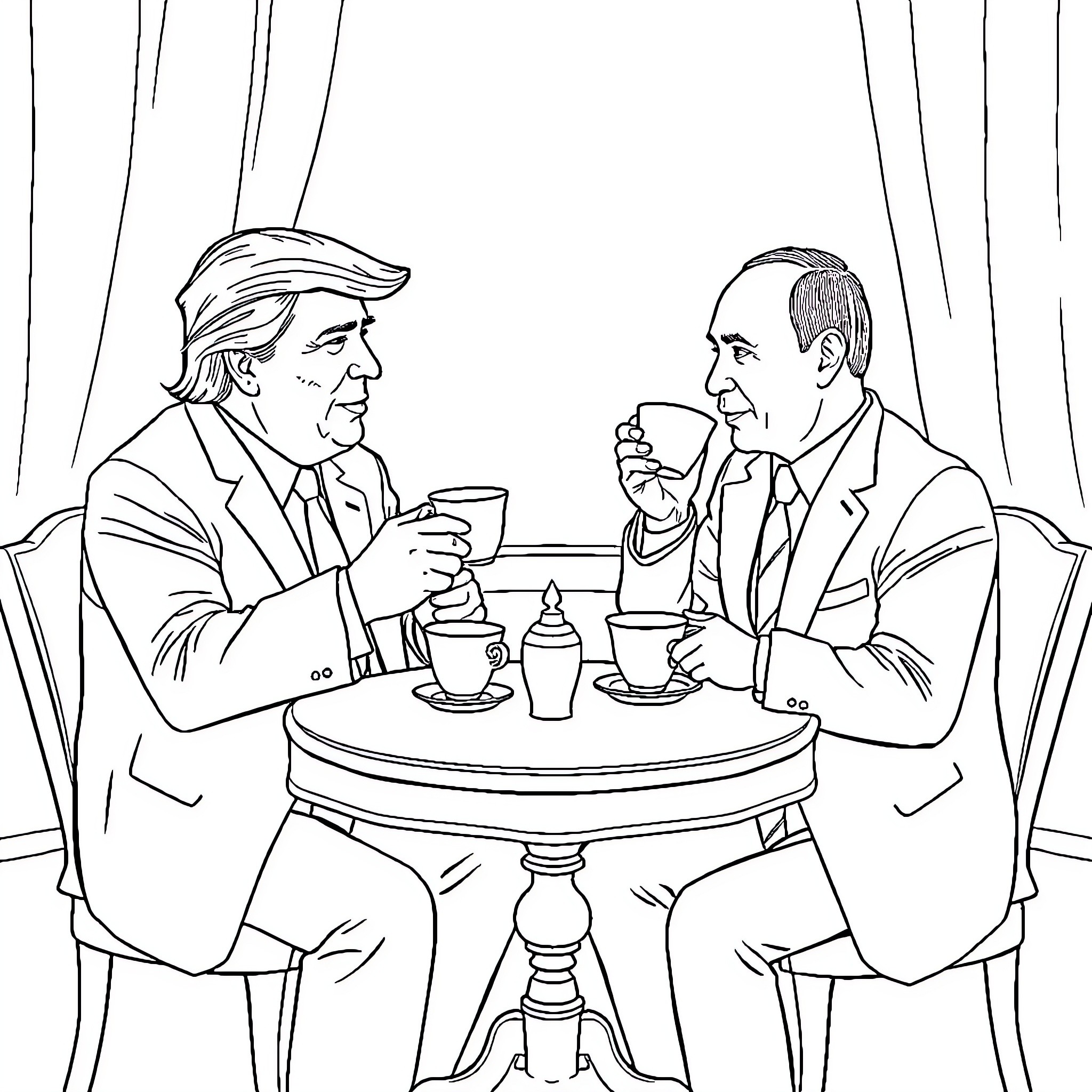President Discussing Policy with Advisor Over Tea Coloring Page (free black-and-white line drawing printable PDF for all, from beginners to advanced learners, including children, teens, adults, and seniors)