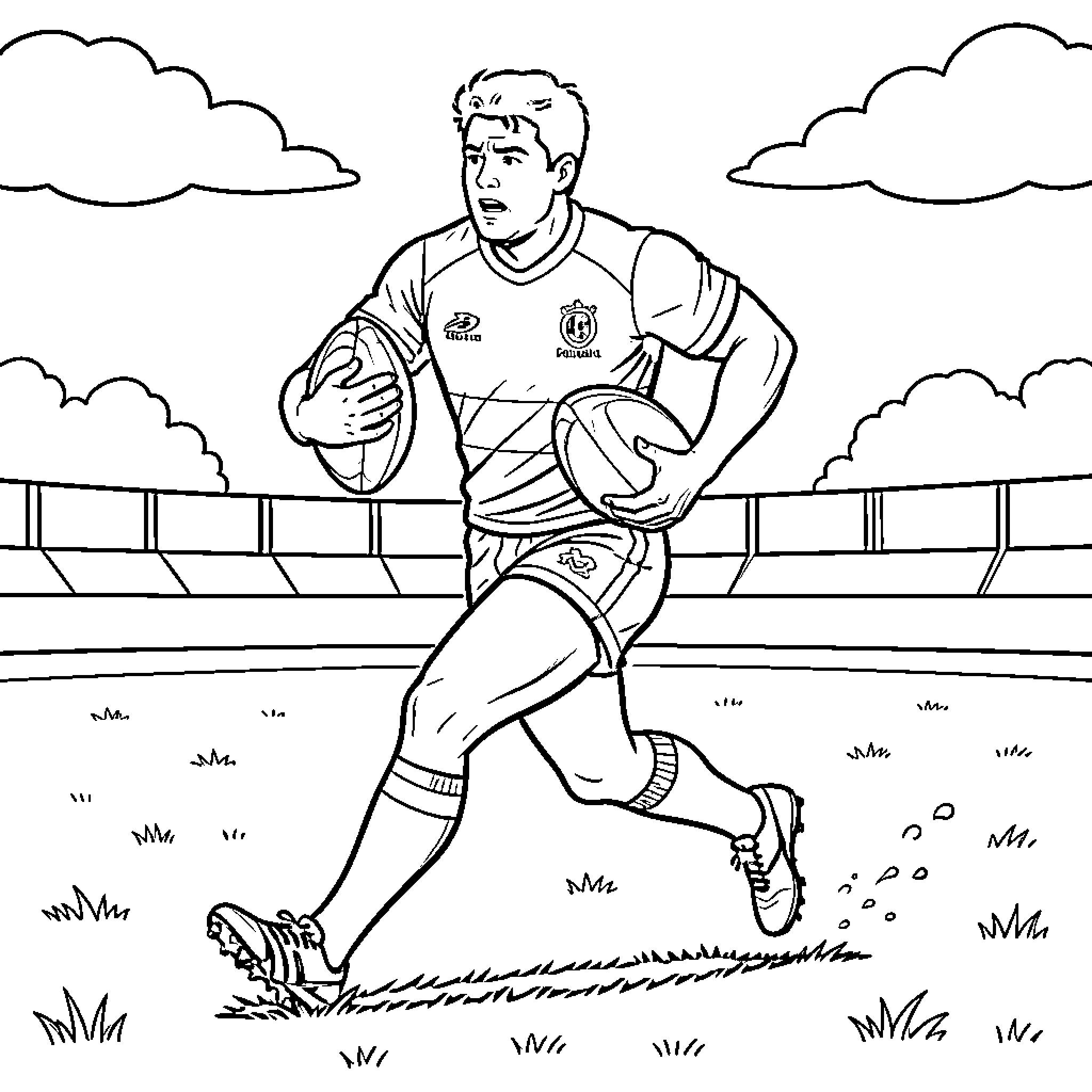 Rugby Player running with ball on the field Coloring Page (free black-and-white line drawing printable PDF for all, from beginners to advanced learners, including children, teens, adults, and seniors)