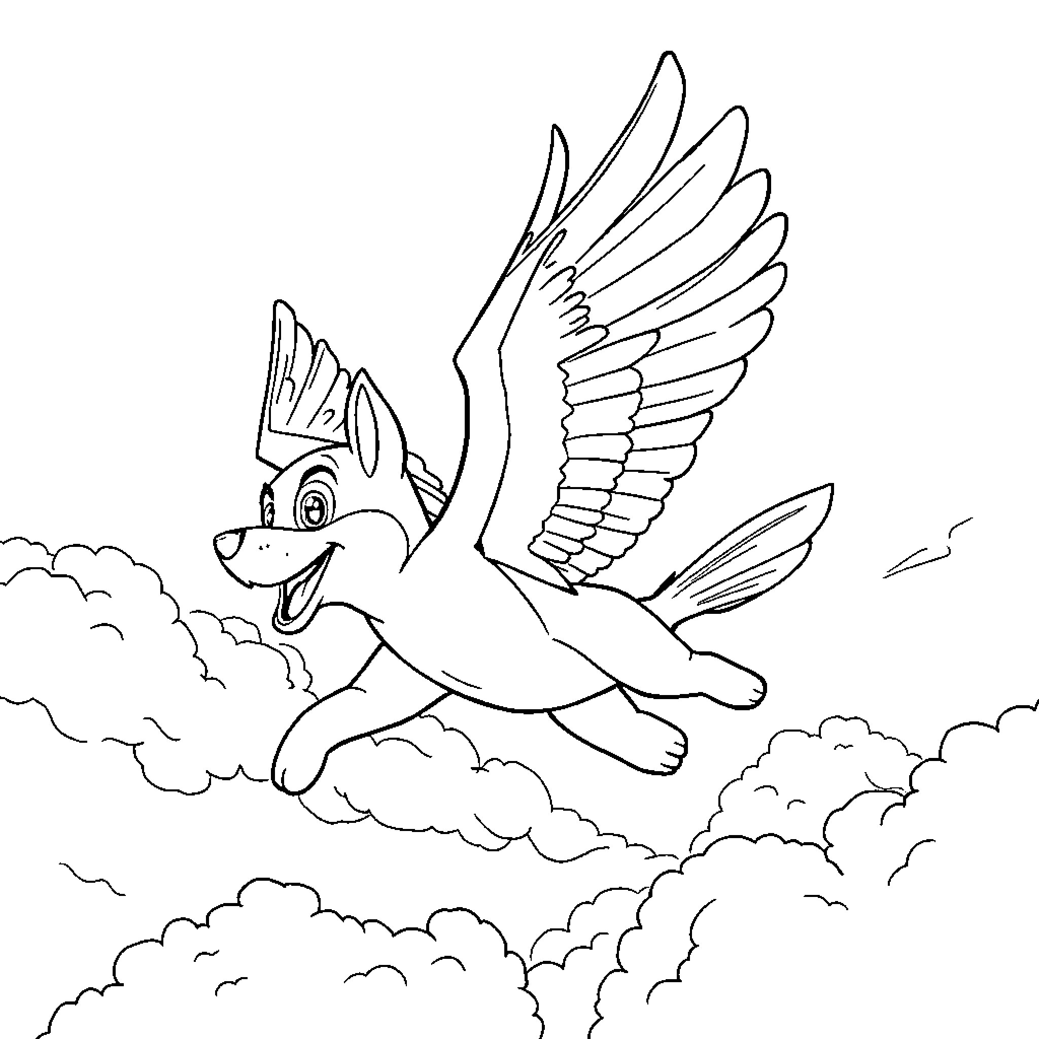 Chase the Winged Creature in the Clouds Coloring Page (free black-and-white line drawing printable PDF for all, from beginners to advanced learners, including children, teens, adults, and seniors)