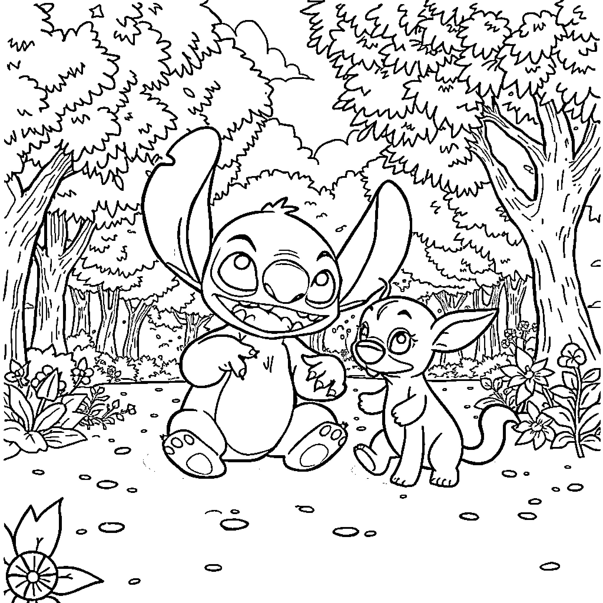 Stitch and Scrump playing in the enchanted forest Coloring Page (free black-and-white line drawing printable PDF for all, from beginners to advanced learners, including children, teens, adults, and seniors)