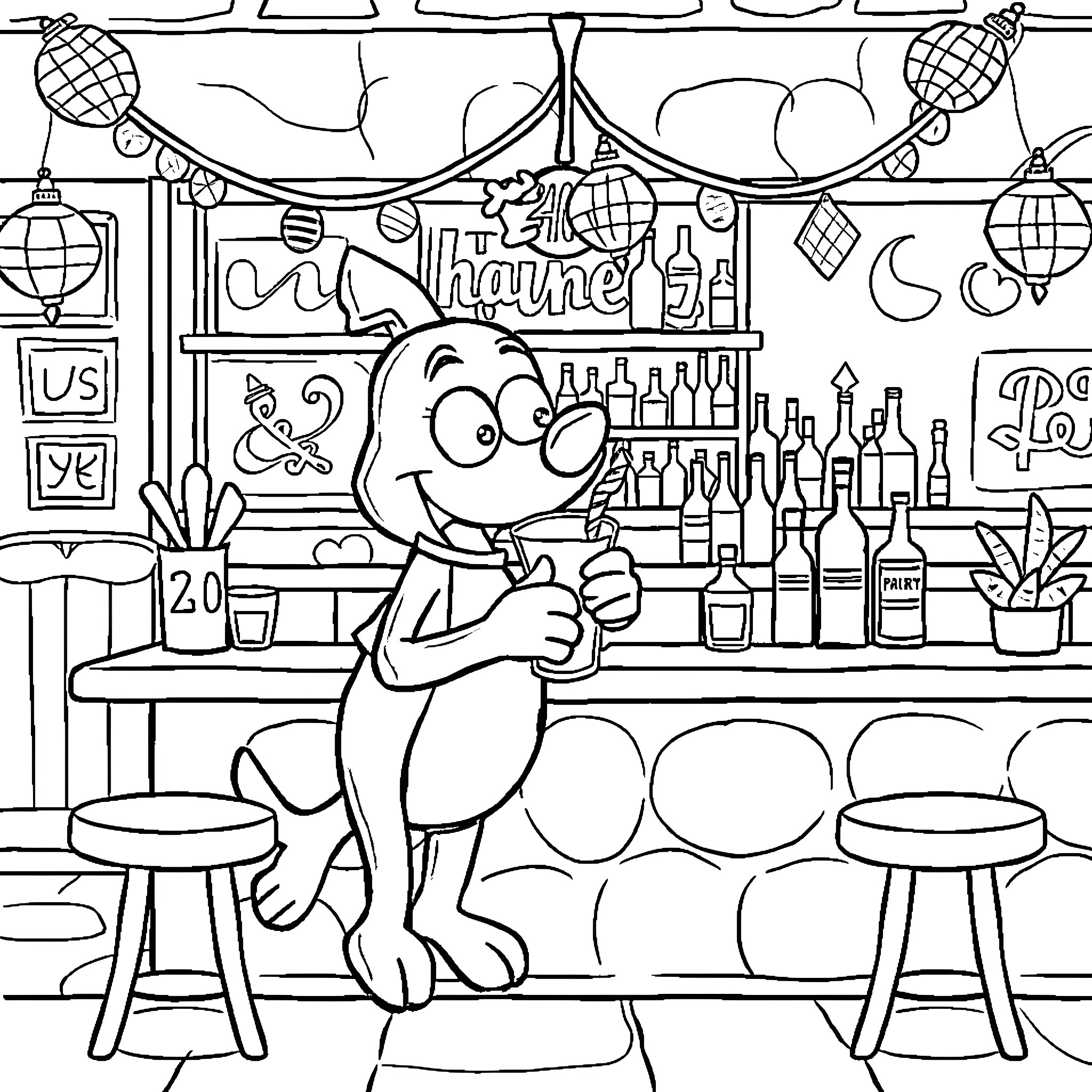Bluey Enjoying Drinks at the Bar Coloring Page (free black-and-white line drawing printable PDF for all, from beginners to advanced learners, including children, teens, adults, and seniors)