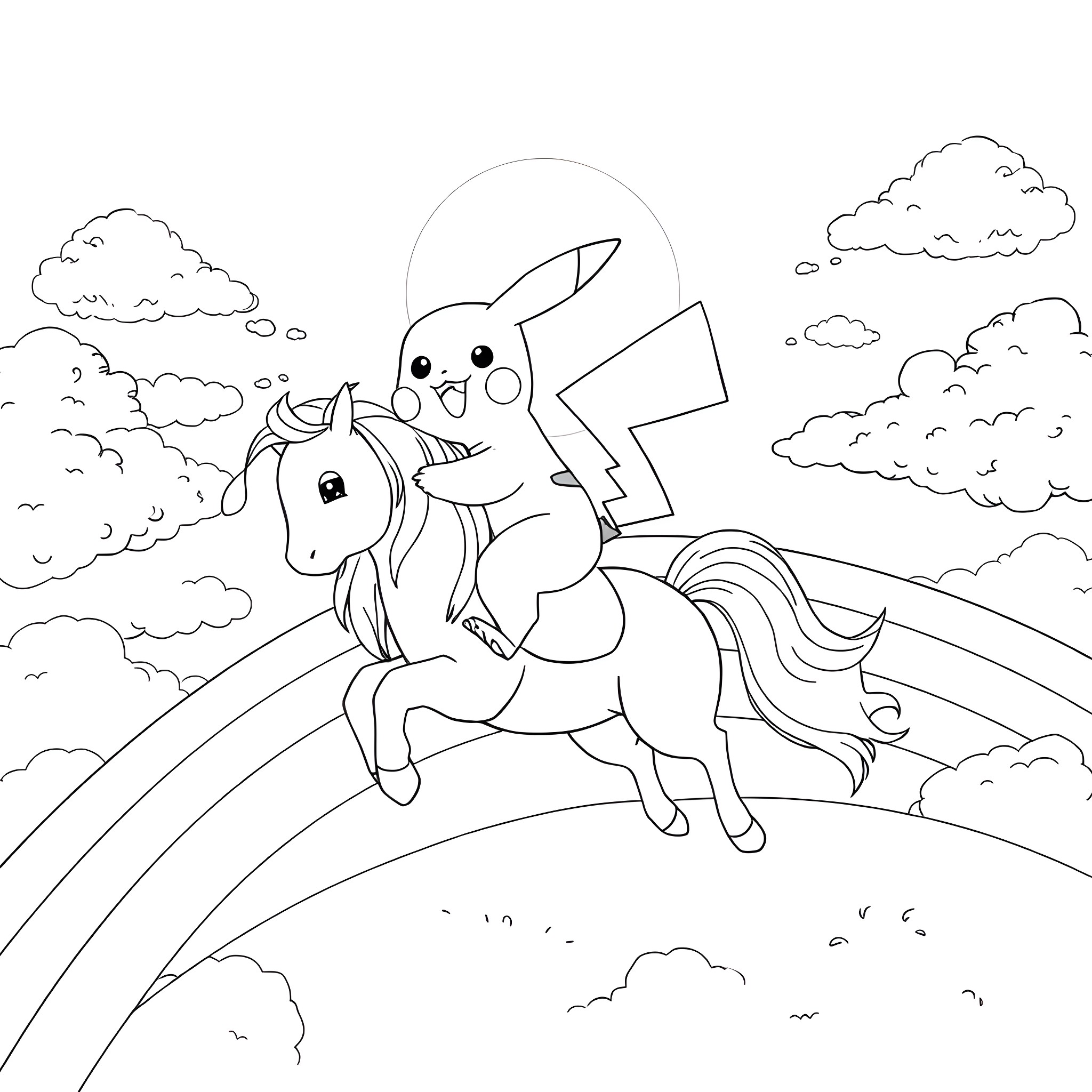 Pikachu riding a unicorn through the clouds Coloring Page (free black-and-white line drawing printable PDF for all, from beginners to advanced learners, including children, teens, adults, and seniors)