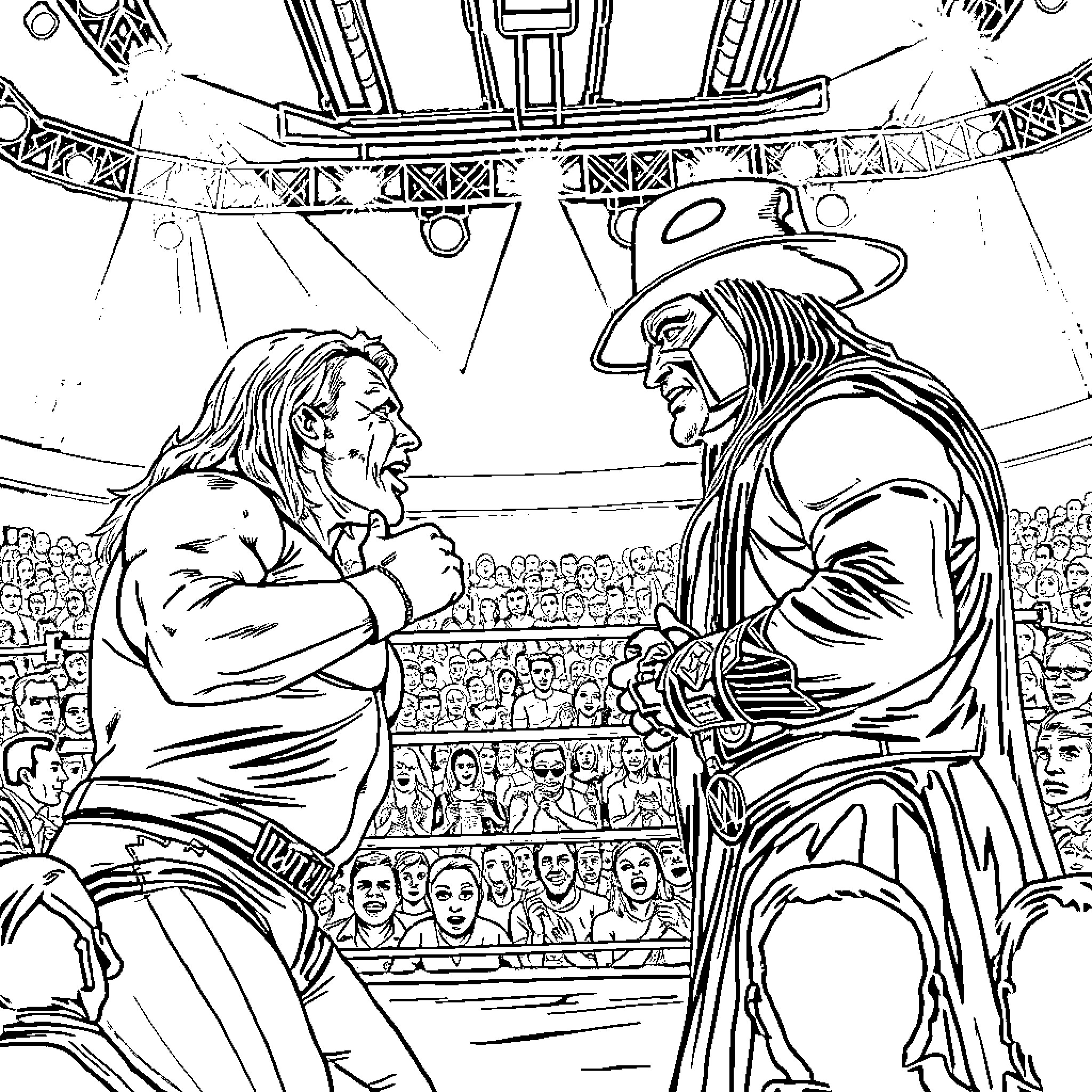 Wrestlers facing off in an intense match Coloring Page (free black-and-white line drawing printable PDF for all, from beginners to advanced learners, including children, teens, adults, and seniors)
