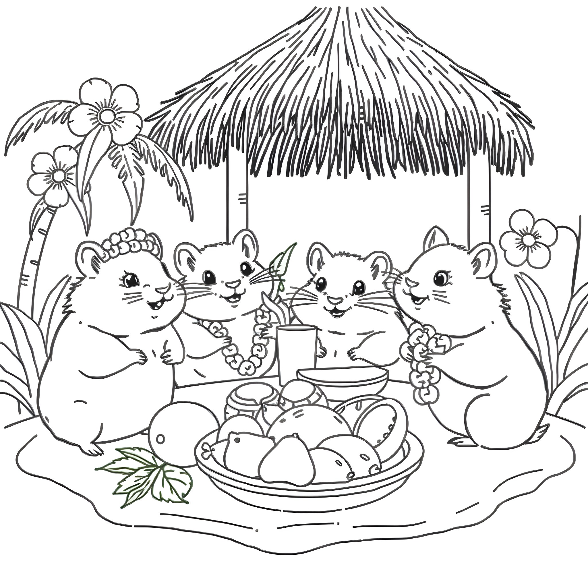 Hamsters enjoying a tropical picnic under a thatched umbrella Coloring Page (free black-and-white line drawing printable PDF for all, from beginners to advanced learners, including children, teens, adults, and seniors)