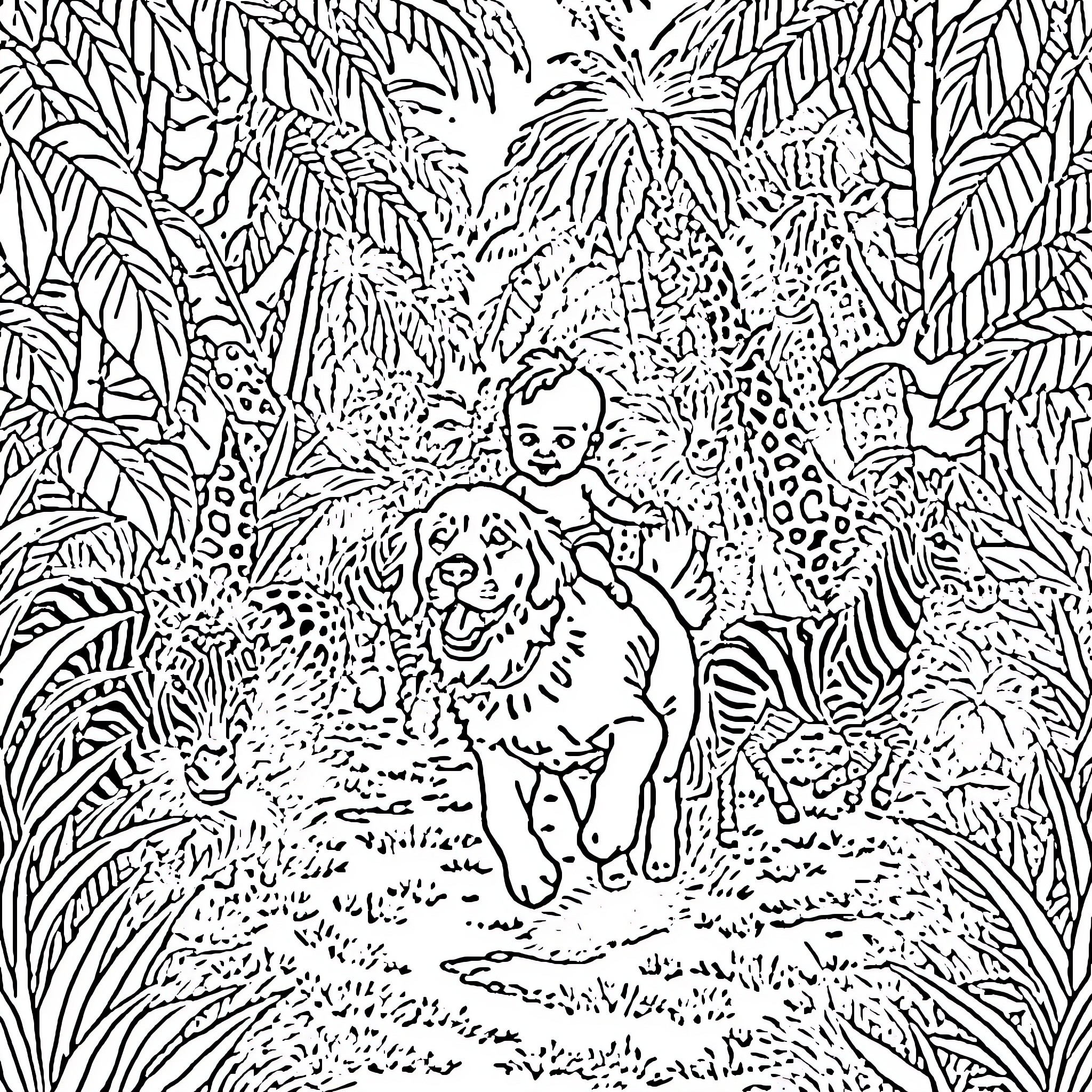 Baby playing with friendly animal in lush jungle Coloring Page (free black-and-white line drawing printable PDF for all, from beginners to advanced learners, including children, teens, adults, and seniors)