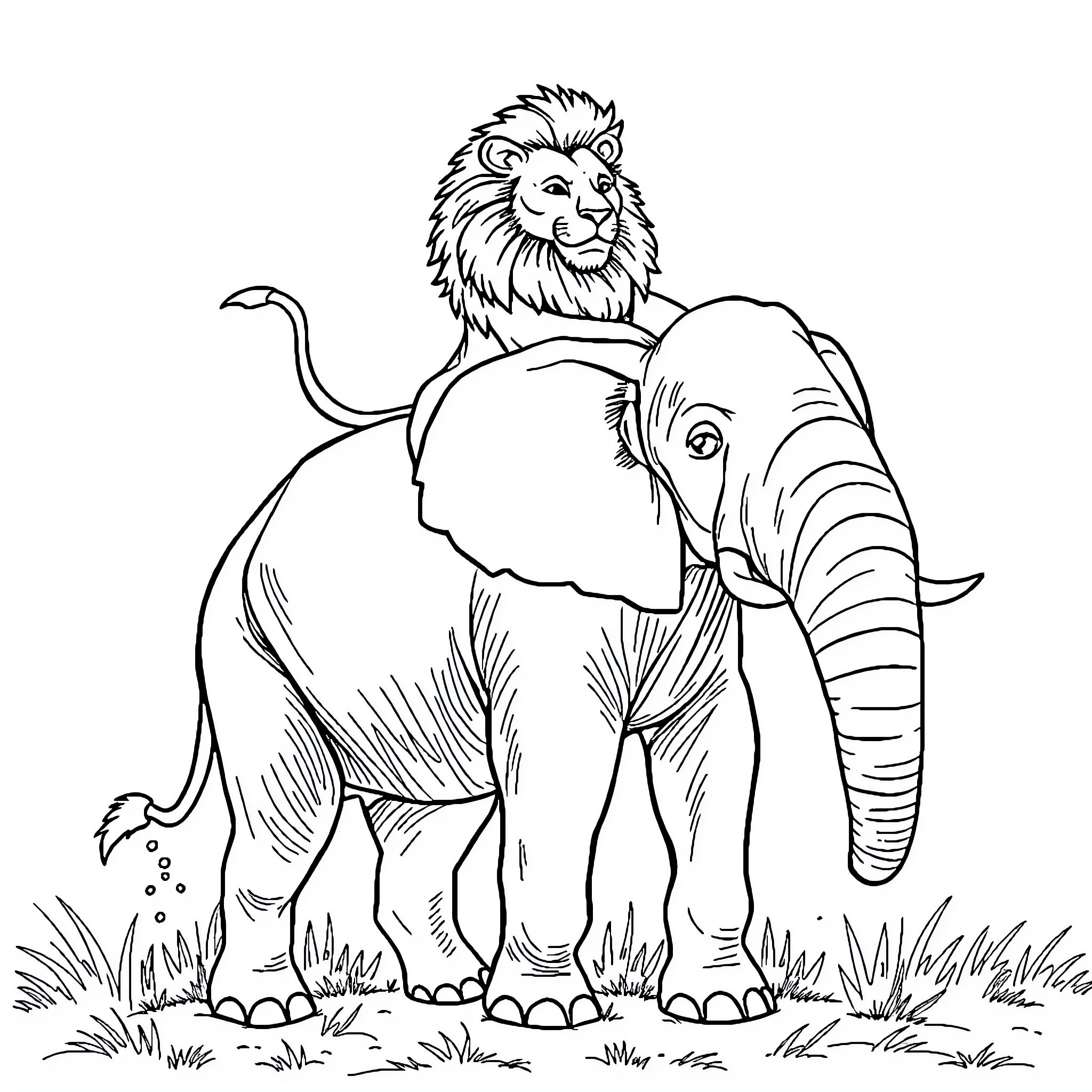 Lion and Elephant in Grassy Savanna Coloring Page (free black-and-white line drawing printable PDF for all, from beginners to advanced learners, including children, teens, adults, and seniors)