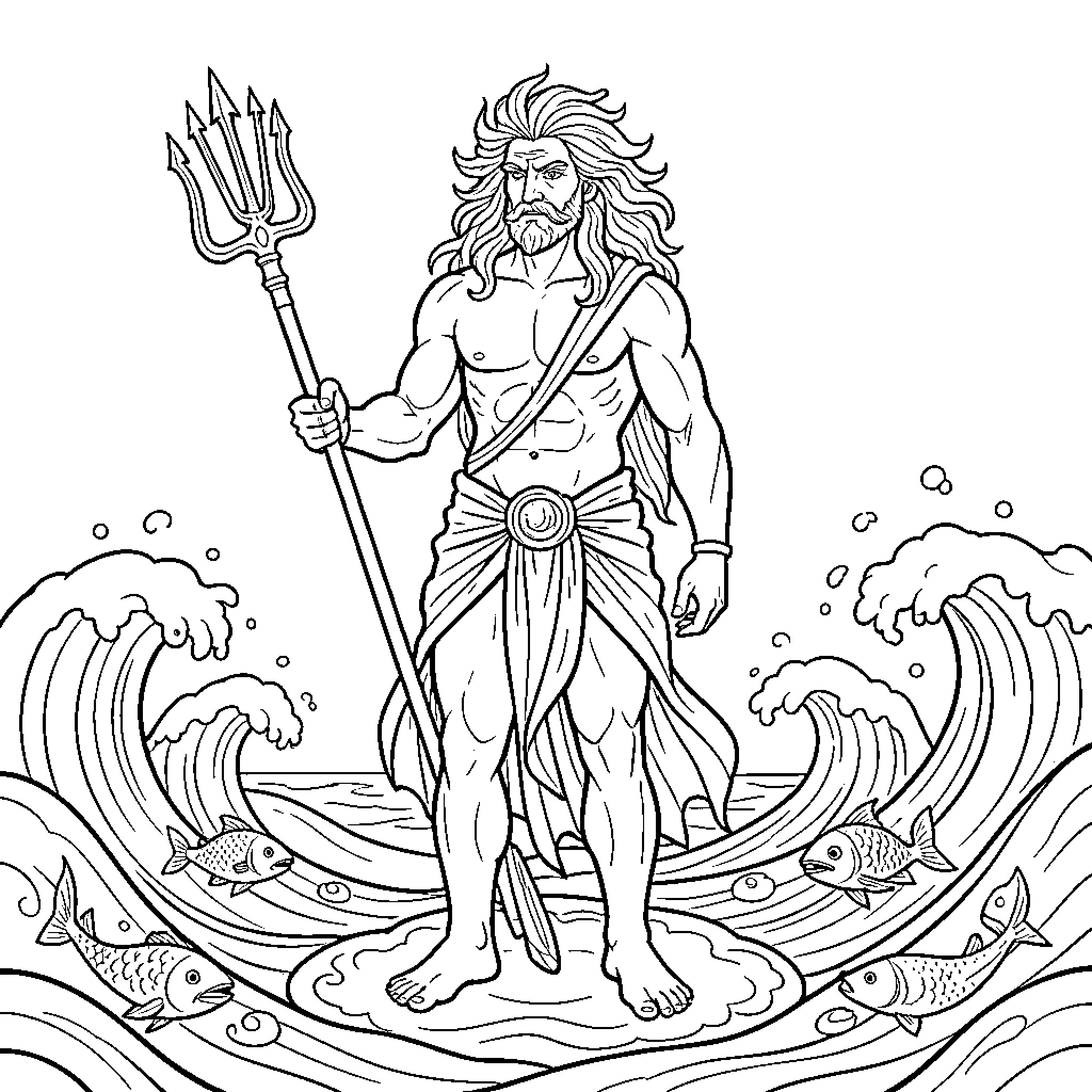 Triton standing majestically with a trident amidst ocean waves Coloring Page (free black-and-white line drawing printable PDF for all, from beginners to advanced learners, including children, teens, adults, and seniors)