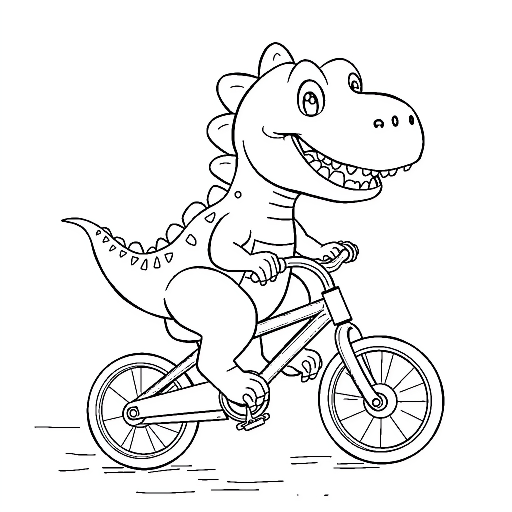 Dinosaur riding a bicycle happily Coloring Page (free black-and-white line drawing printable PDF for all, from beginners to advanced learners, including children, teens, adults, and seniors)