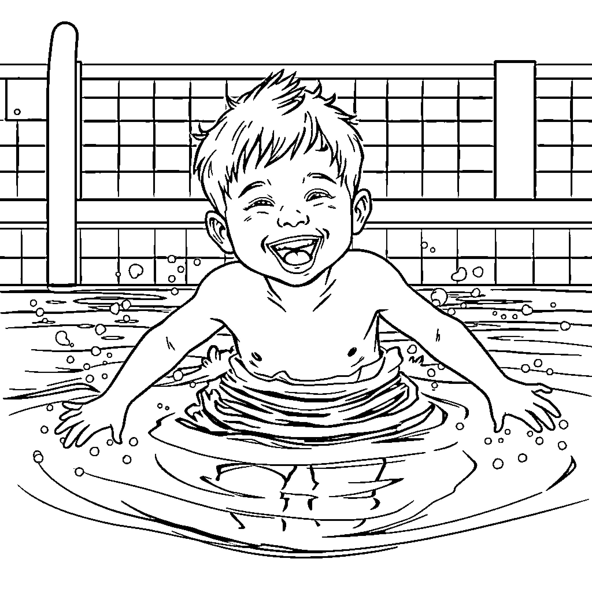 Child splashing happily in a water pool Coloring Page (free black-and-white line drawing printable PDF for all, from beginners to advanced learners, including children, teens, adults, and seniors)