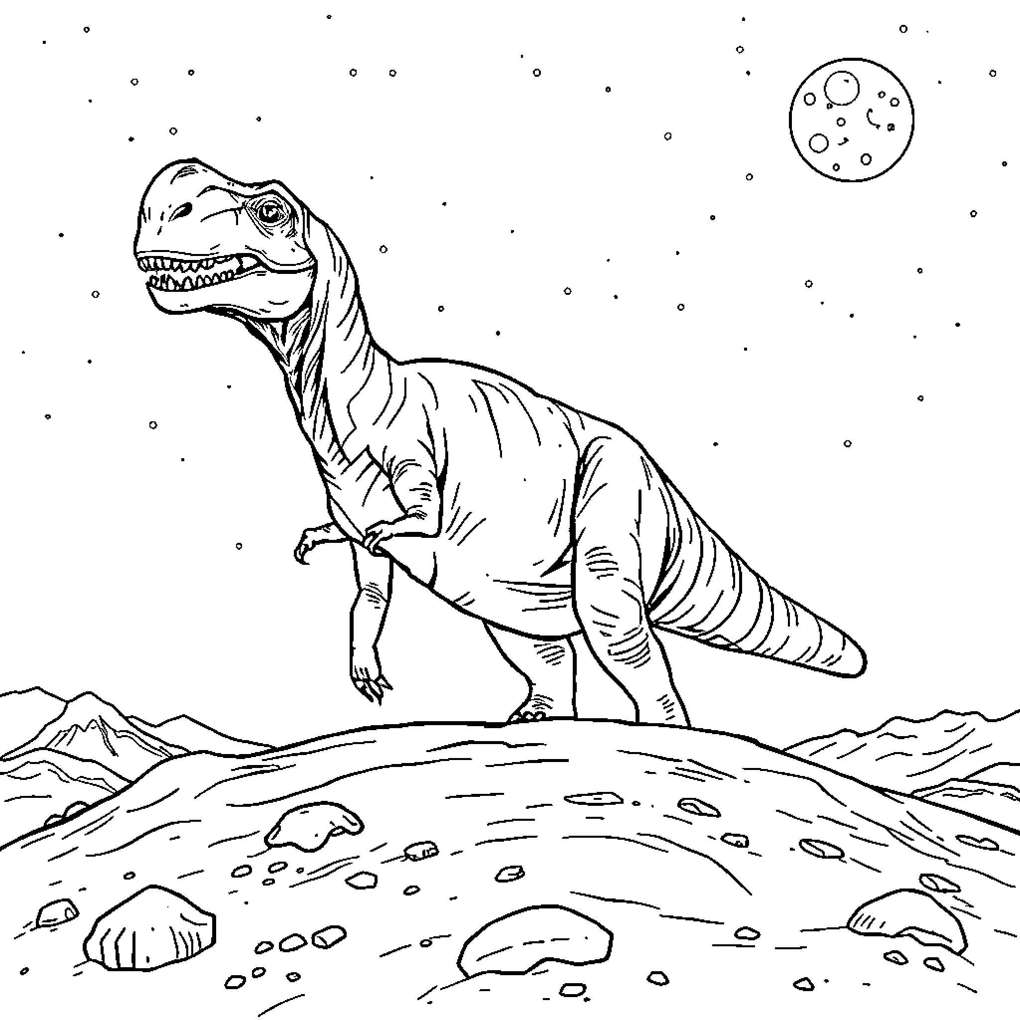 Dinosaur standing proudly in the moonlit landscape Coloring Page (free black-and-white line drawing printable PDF for all, from beginners to advanced learners, including children, teens, adults, and seniors)