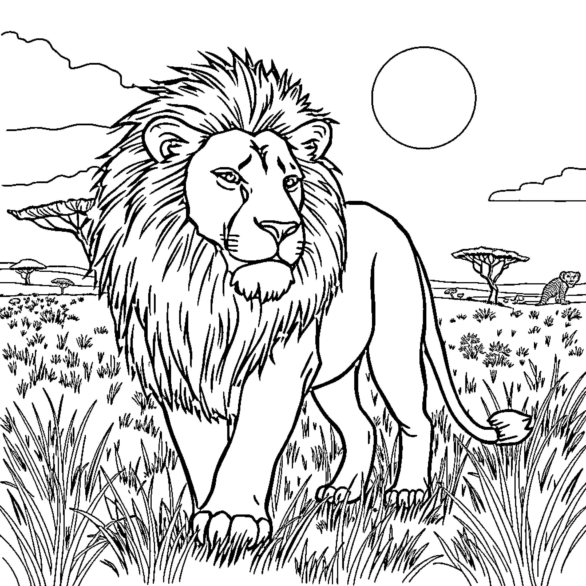 Lion standing majestic in the savanna Coloring Page (free black-and-white line drawing printable PDF for all, from beginners to advanced learners, including children, teens, adults, and seniors)