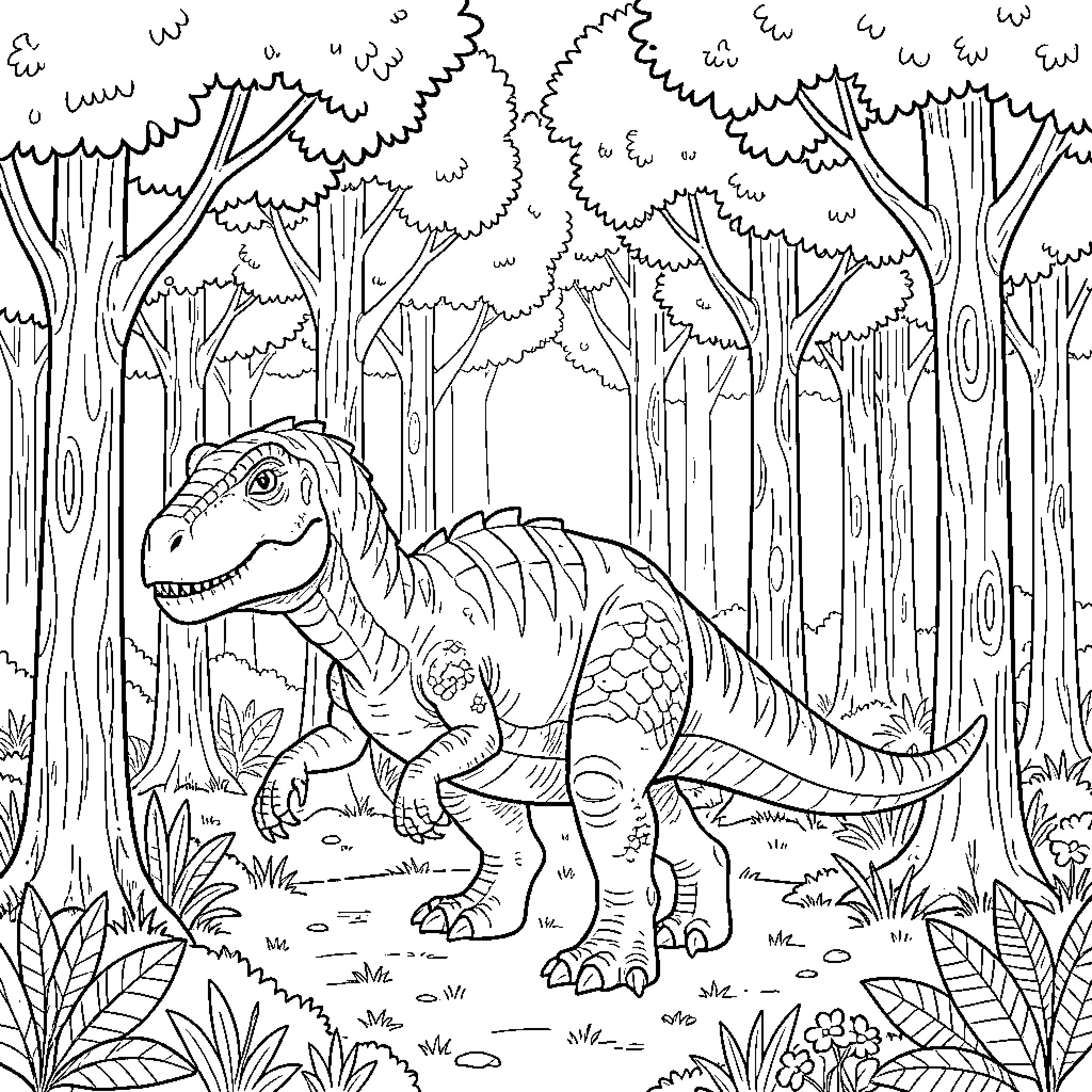 Dinosaur exploring the dense forest Coloring Page (free black-and-white line drawing printable PDF for all, from beginners to advanced learners, including children, teens, adults, and seniors)