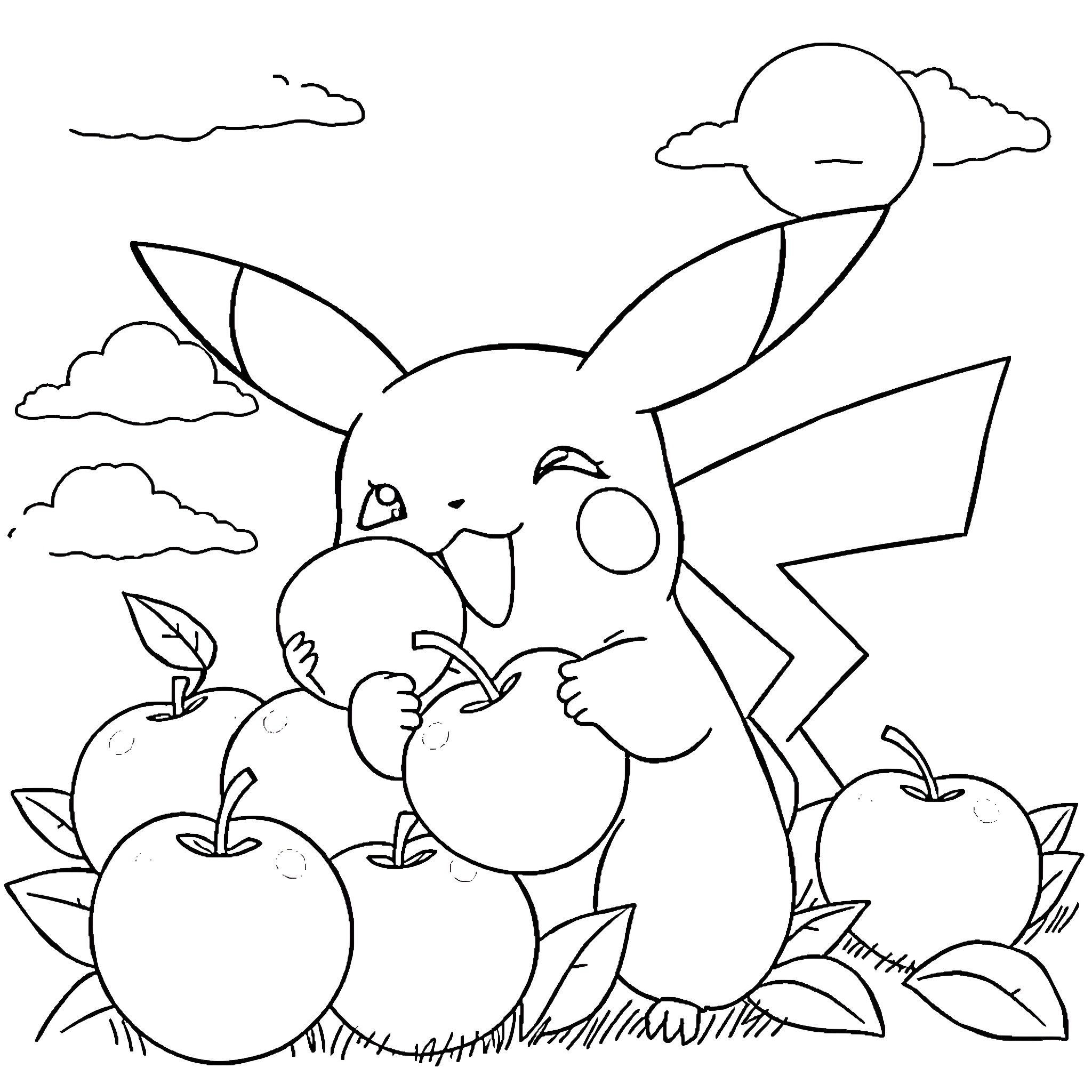 Pikachu enjoying apples in nature Coloring Page (free black-and-white line drawing printable PDF for all, from beginners to advanced learners, including children, teens, adults, and seniors)