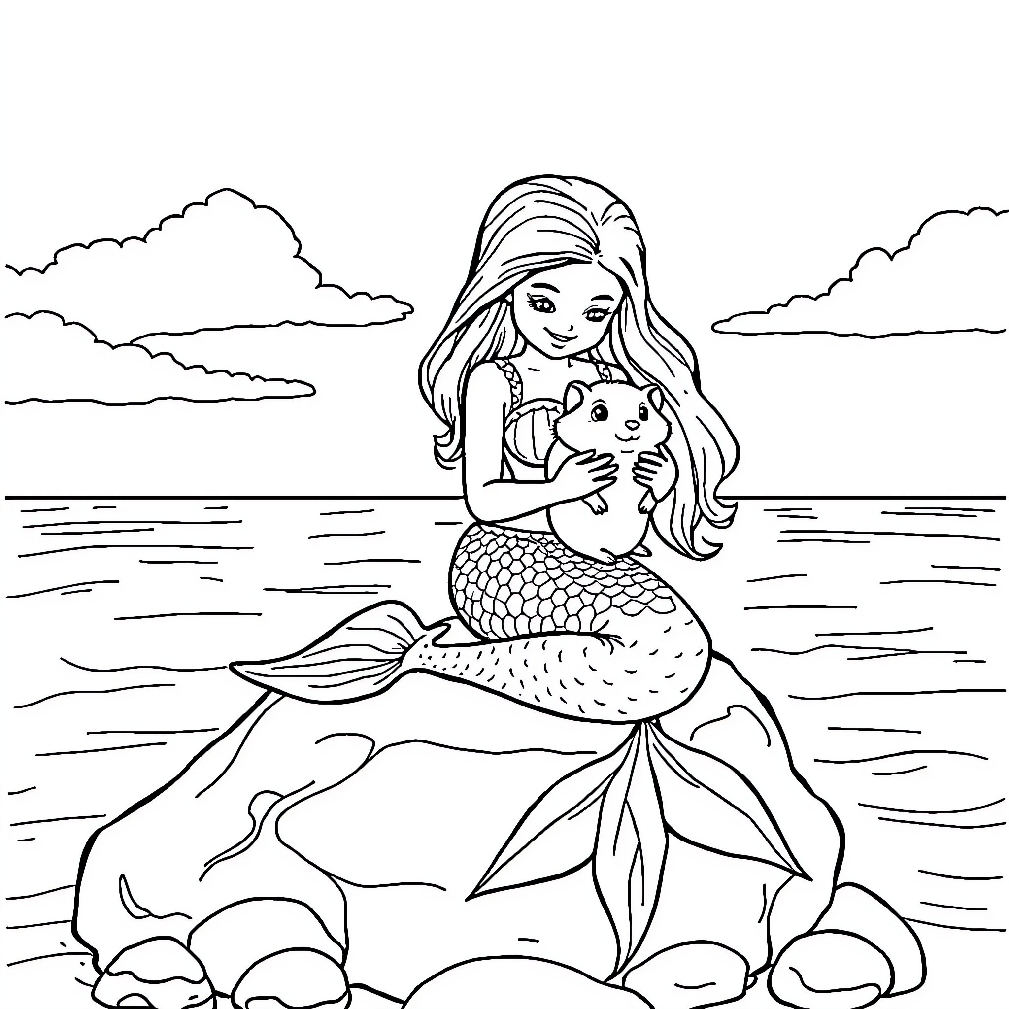 Mermaid playing with sea creature on the shore Coloring Page (free black-and-white line drawing printable PDF for all, from beginners to advanced learners, including children, teens, adults, and seniors)