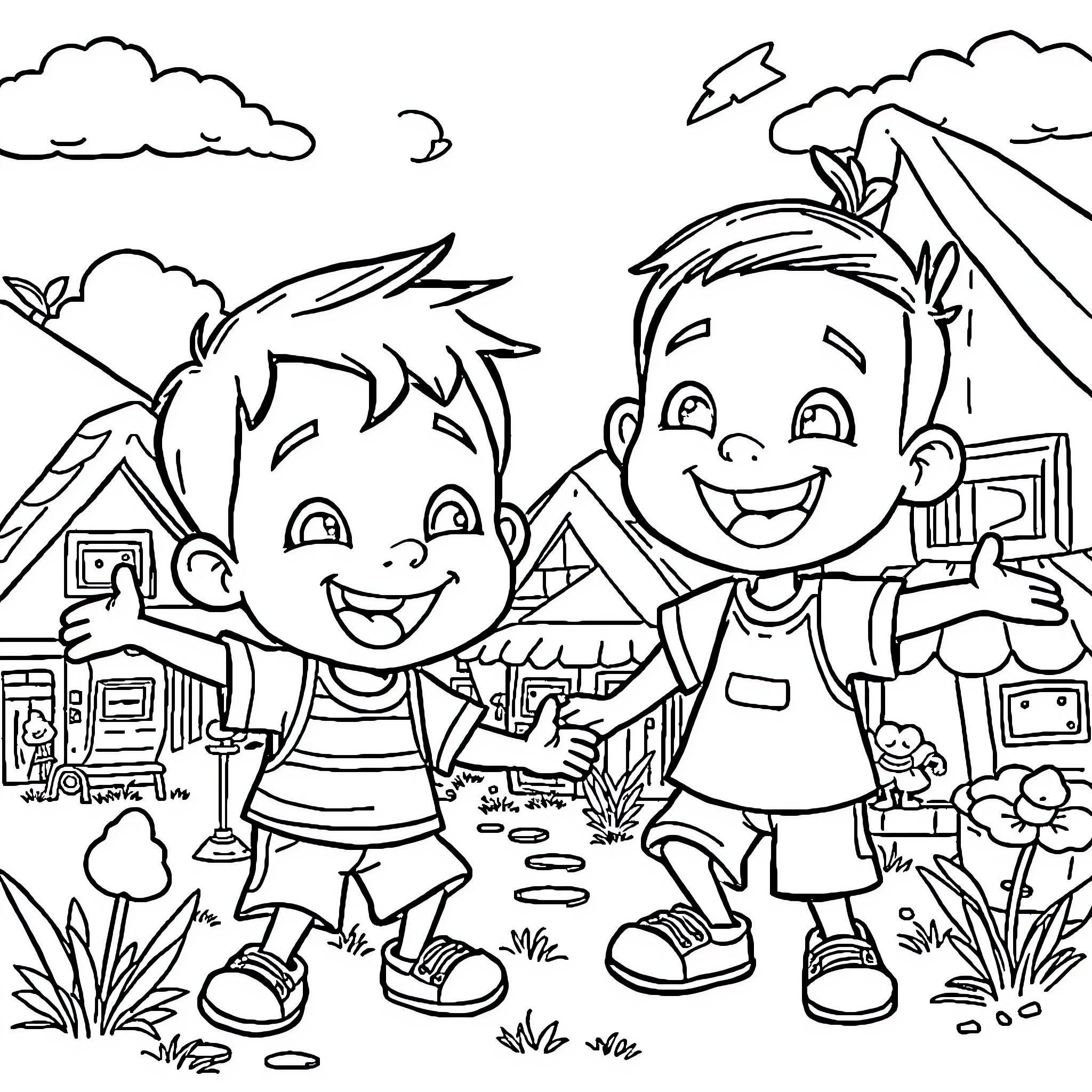 Upin Ipin Playing Joyfully in their Neighborhood Coloring Page (free black-and-white line drawing printable PDF for all, from beginners to advanced learners, including children, teens, adults, and seniors)
