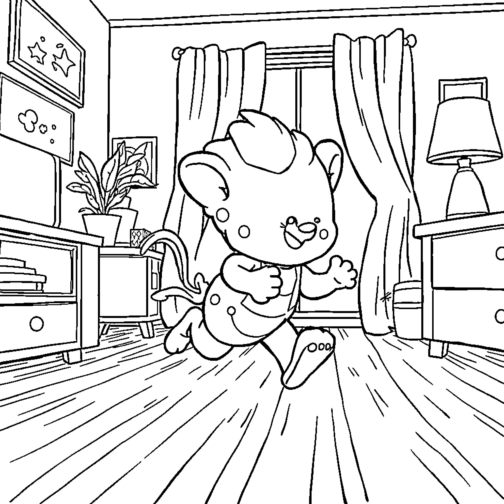 Labubu playing happily in a cozy room Coloring Page (free black-and-white line drawing printable PDF for all, from beginners to advanced learners, including children, teens, adults, and seniors)