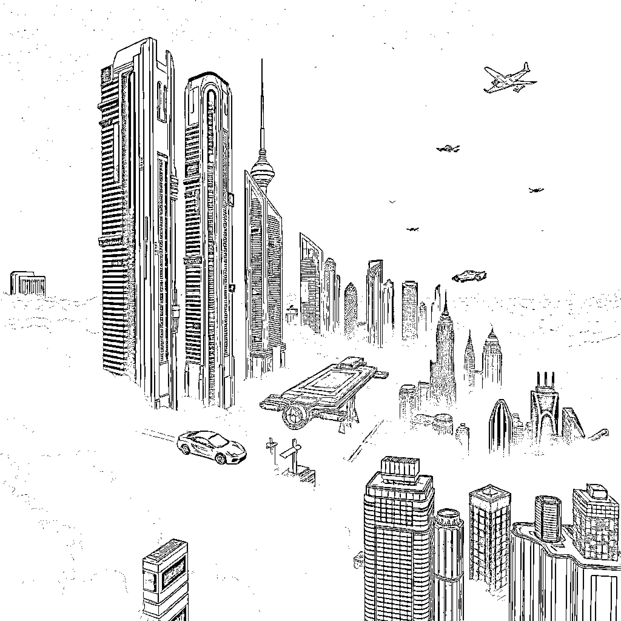 Cyber City with Futuristic Buildings and Vehicles Coloring Page (free black-and-white line drawing printable PDF for all, from beginners to advanced learners, including children, teens, adults, and seniors)