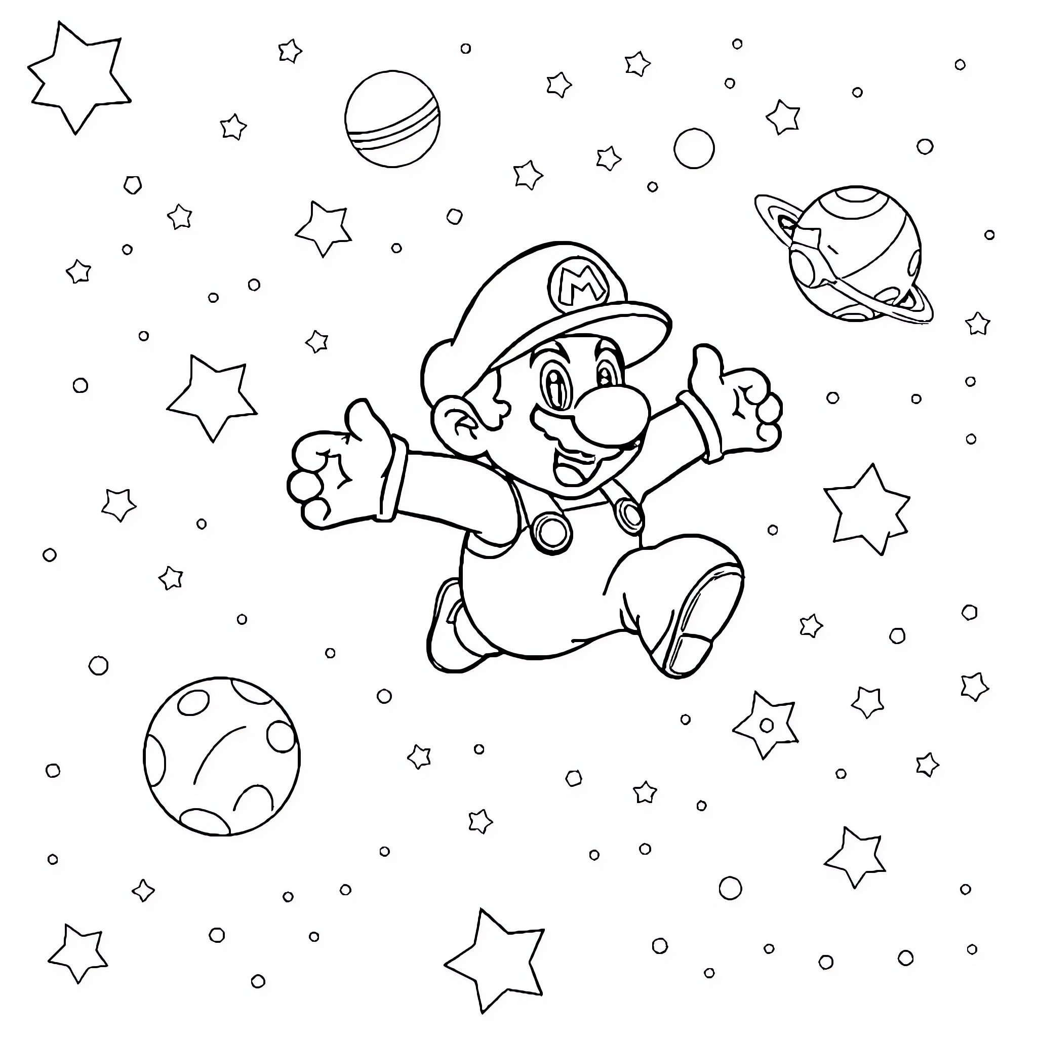 Super Mario floating in space with stars Coloring Page (free black-and-white line drawing printable PDF for all, from beginners to advanced learners, including children, teens, adults, and seniors)