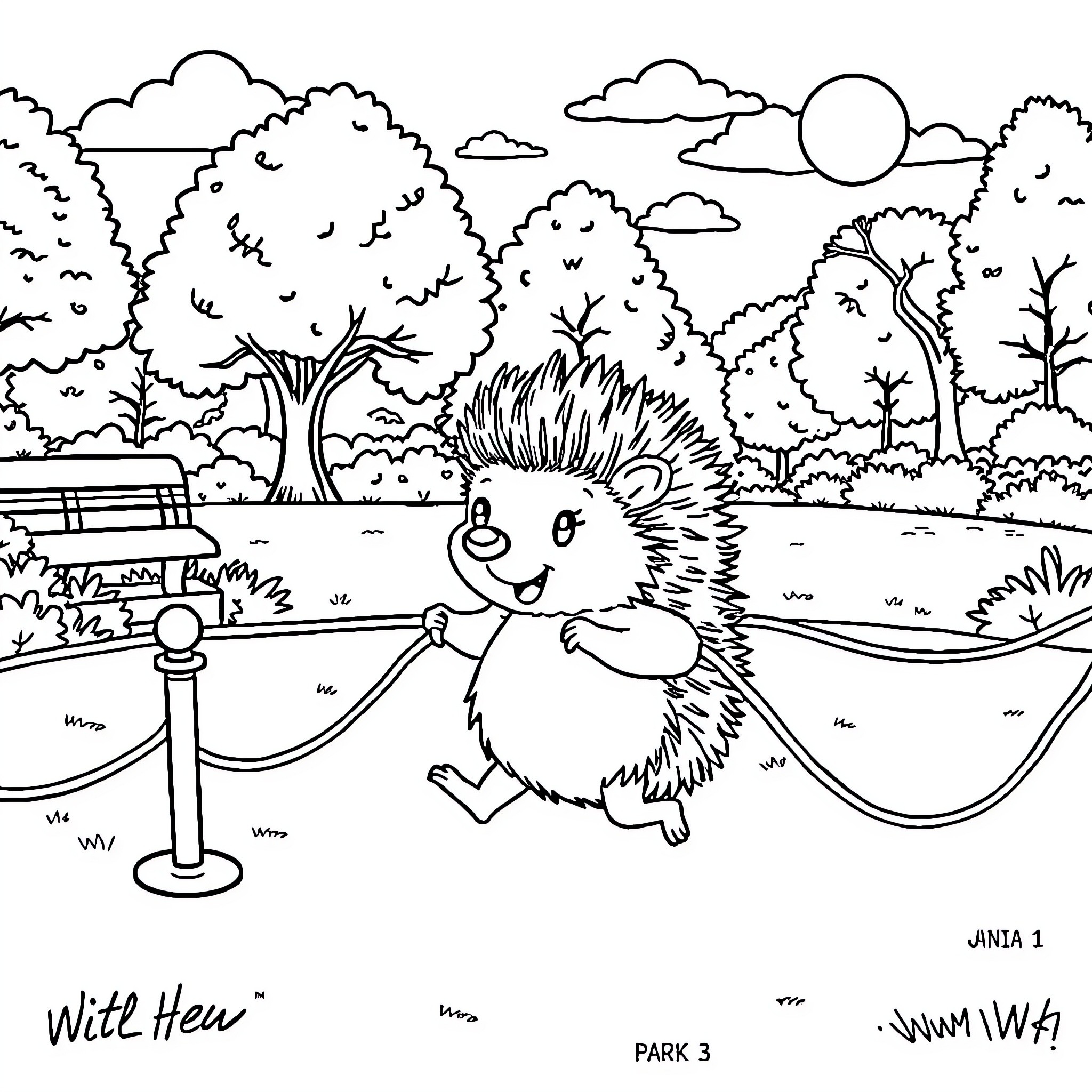 Hedgehog exploring the park happily Coloring Page (free black-and-white line drawing printable PDF for all, from beginners to advanced learners, including children, teens, adults, and seniors)