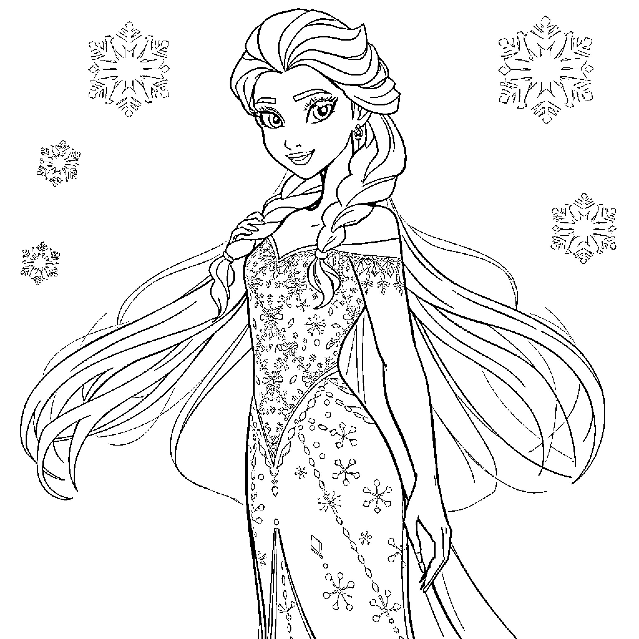 Princess with elaborate dress and flowing hair Coloring Page (free black-and-white line drawing printable PDF for all, from beginners to advanced learners, including children, teens, adults, and seniors)
