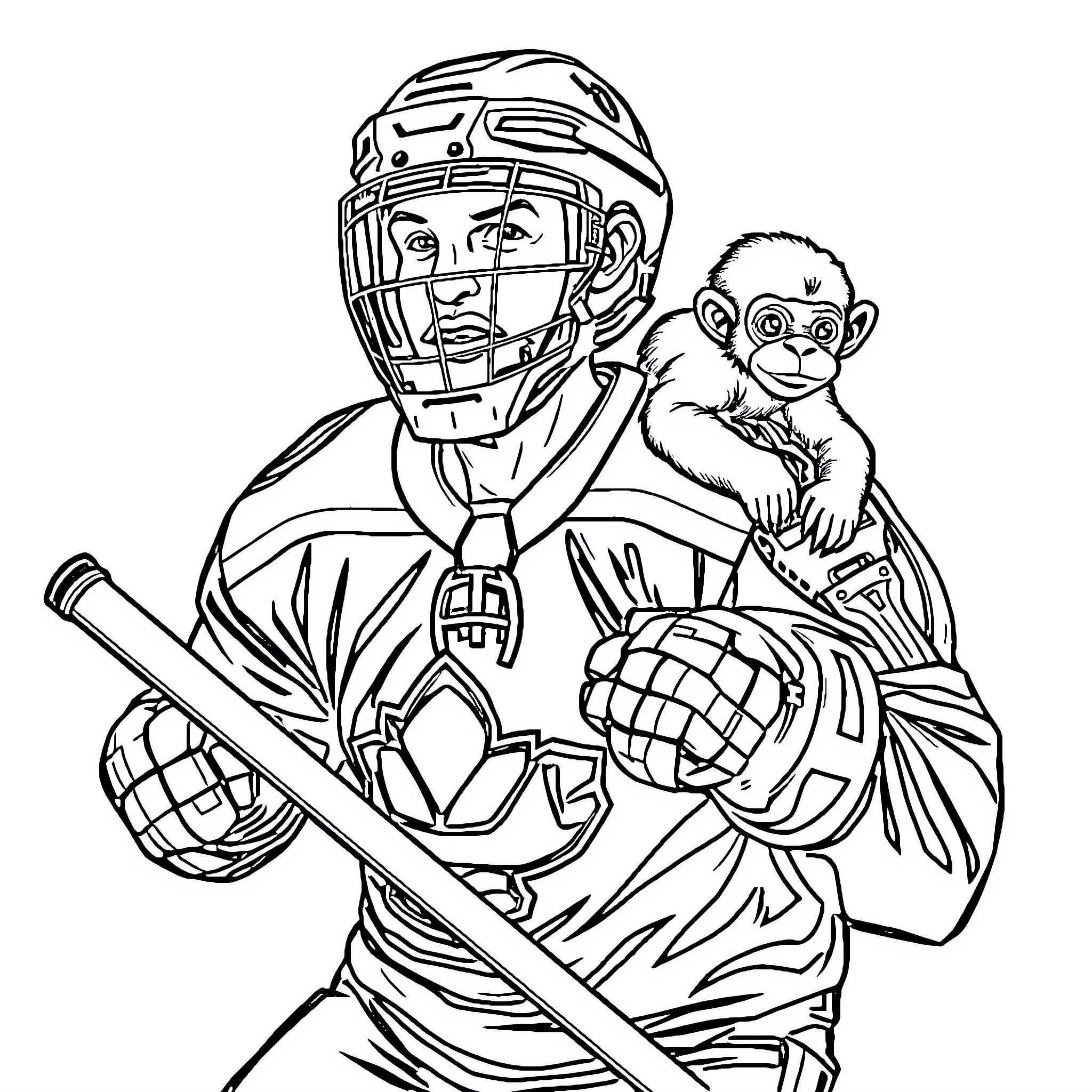 Hockey Player with Monkey Teammate Coloring Page (free black-and-white line drawing printable PDF for all, from beginners to advanced learners, including children, teens, adults, and seniors)