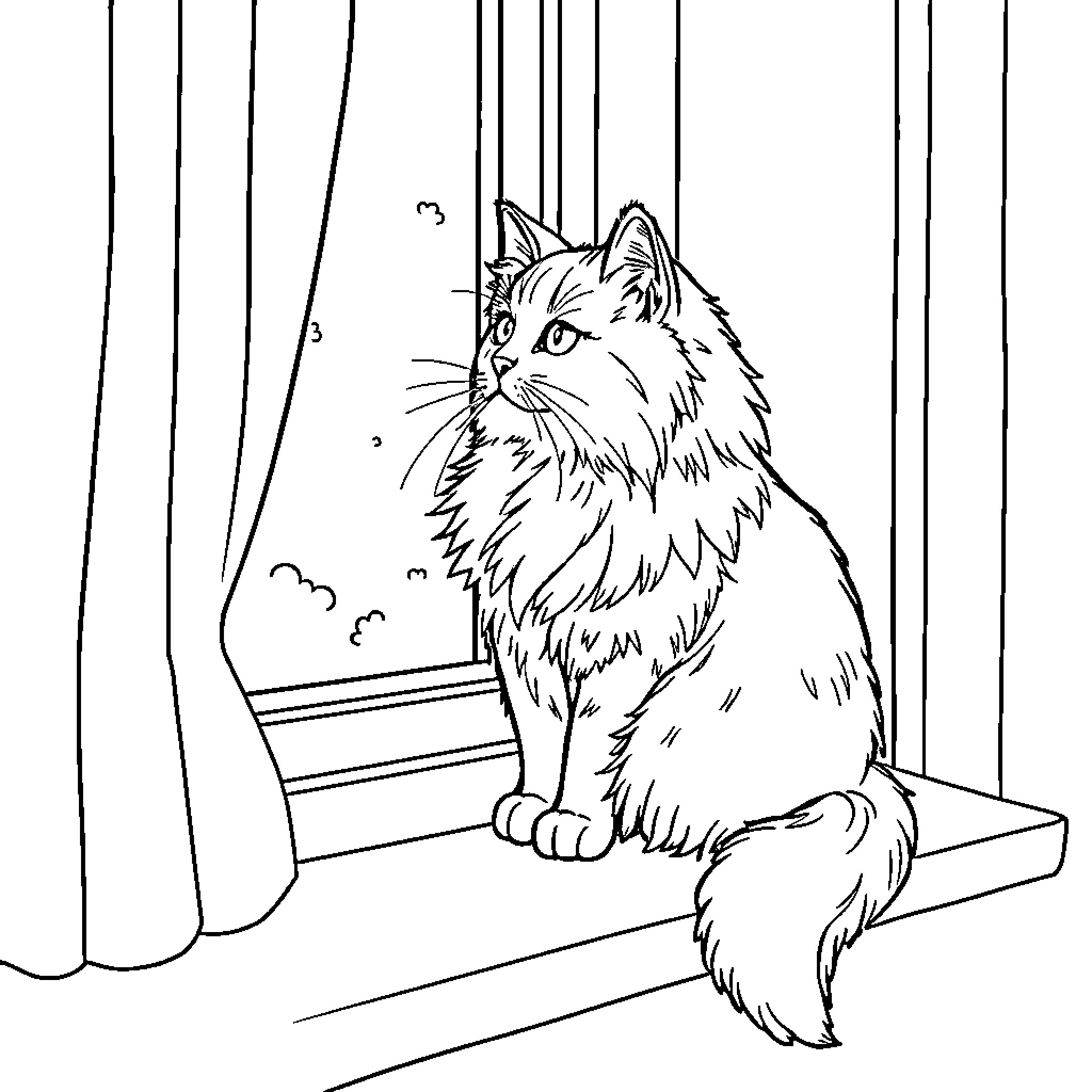 Cat looking out through curtains Coloring Page (free black-and-white line drawing printable PDF for all, from beginners to advanced learners, including children, teens, adults, and seniors)