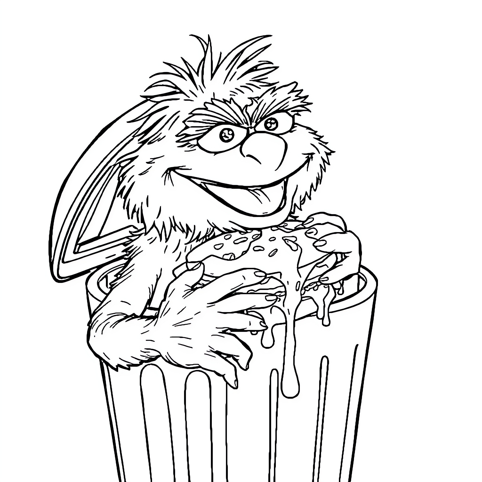 Oscar's Messy Food Adventure Coloring Page (free black-and-white line drawing printable PDF for all, from beginners to advanced learners, including children, teens, adults, and seniors)