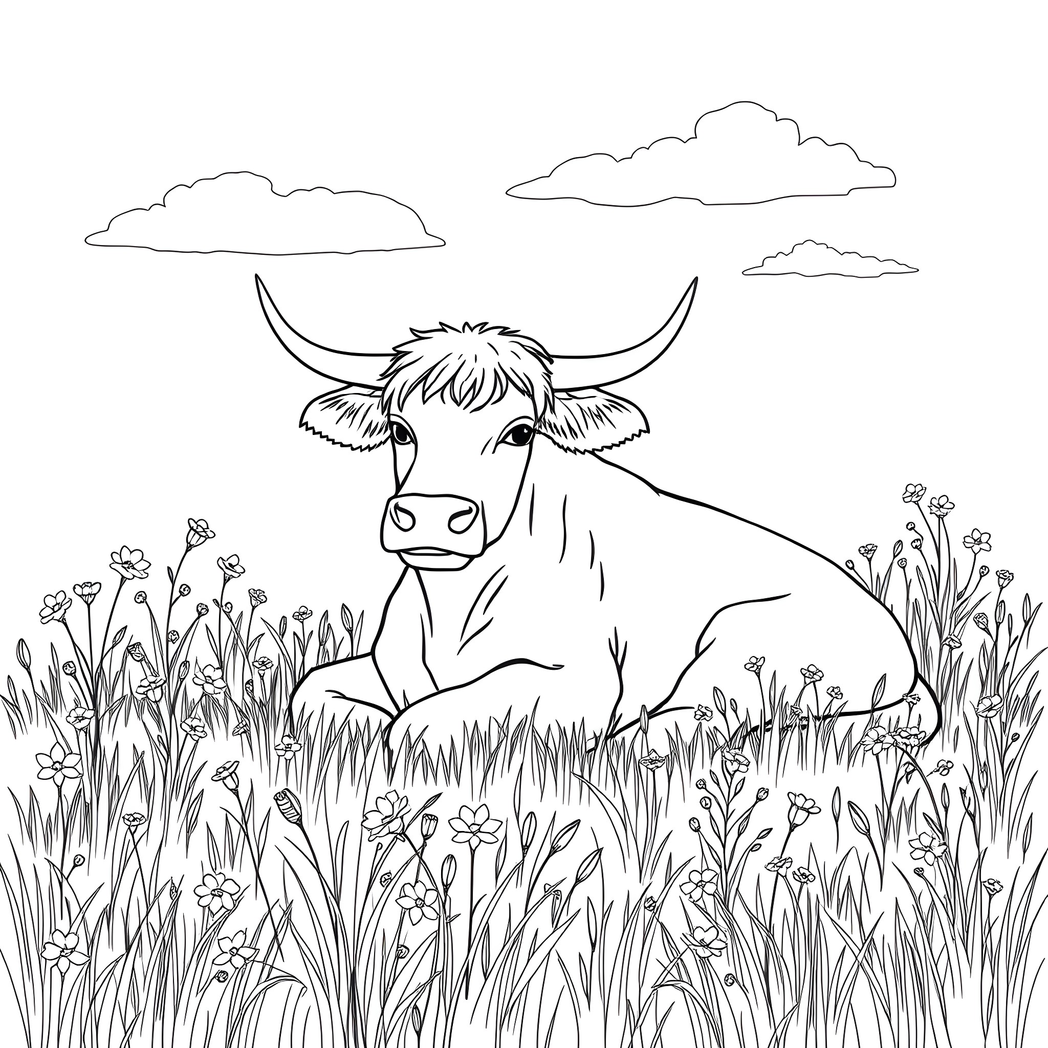 Ox Resting in the Meadow Coloring Page (free black-and-white line drawing printable PDF for all, from beginners to advanced learners, including children, teens, adults, and seniors)