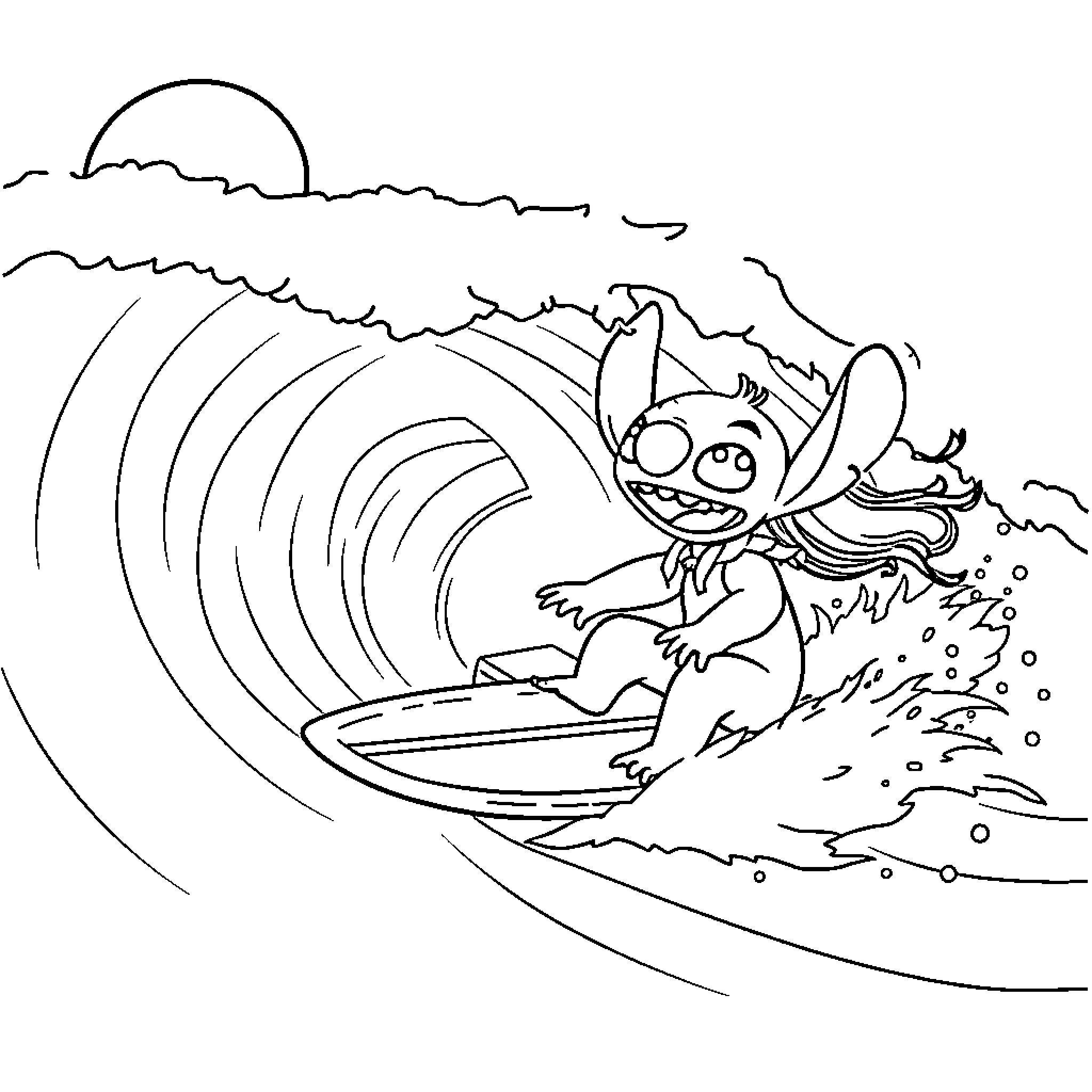 Lilo And Stitch surfing big waves in the ocean Coloring Page (free black-and-white line drawing printable PDF for all, from beginners to advanced learners, including children, teens, adults, and seniors)