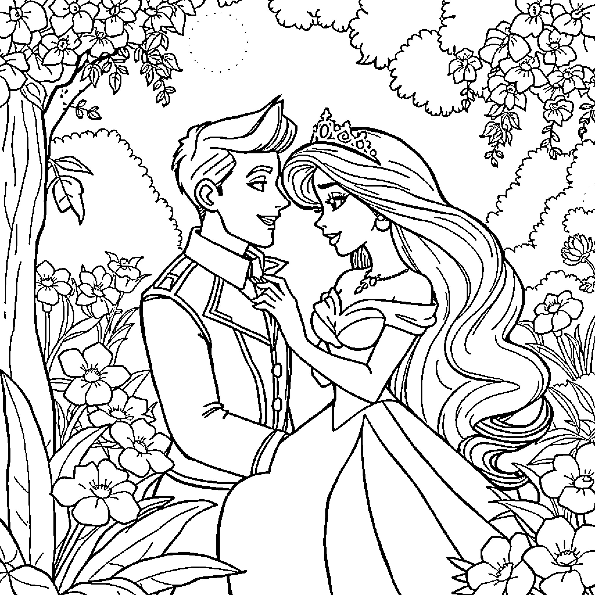 Princess and Prince's Enchanting Embrace Coloring Page (free black-and-white line drawing printable PDF for all, from beginners to advanced learners, including children, teens, adults, and seniors)