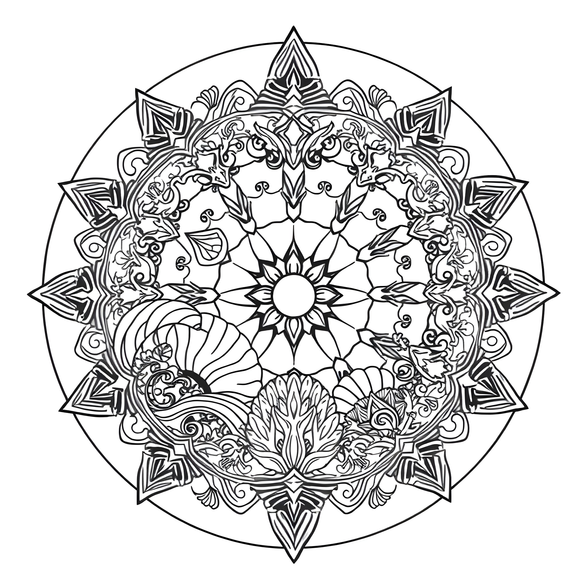 Mandala with intricate floral and geometric patterns Coloring Page (free black-and-white line drawing printable PDF for all, from beginners to advanced learners, including children, teens, adults, and seniors)