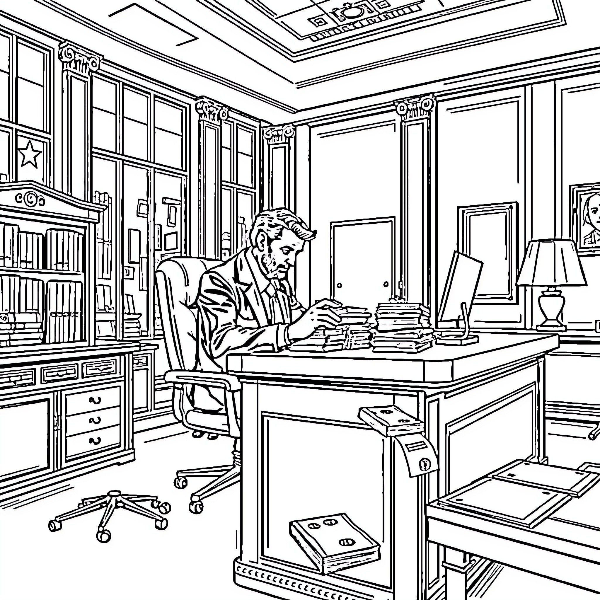 Banker working diligently in his office Coloring Page (free black-and-white line drawing printable PDF for all, from beginners to advanced learners, including children, teens, adults, and seniors)